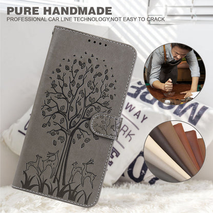 Well-protected Anti-drop Tree and Deer Imprinted Double-sided Magnetic Clasp Leather Wallet Stand Phone Shell Case for Motorola Moto G60