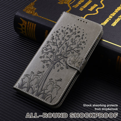 Well-protected Anti-drop Tree and Deer Imprinted Double-sided Magnetic Clasp Leather Wallet Stand Phone Shell Case for Motorola Moto G60