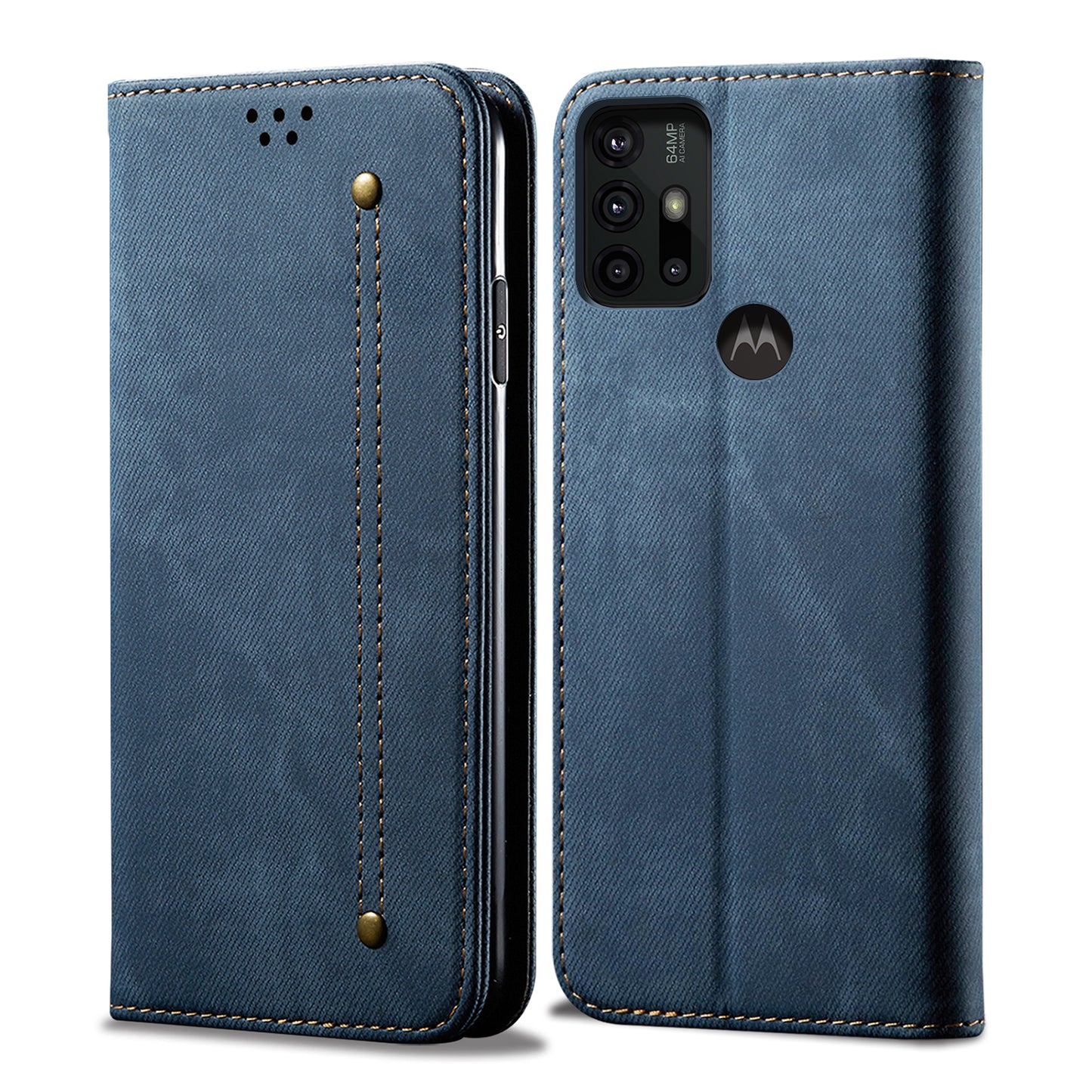 Anti-Drop Shockproof Flip Phone Cover Jeans Cloth Texture Wallet Stand Leather Case for Motorola Moto G30