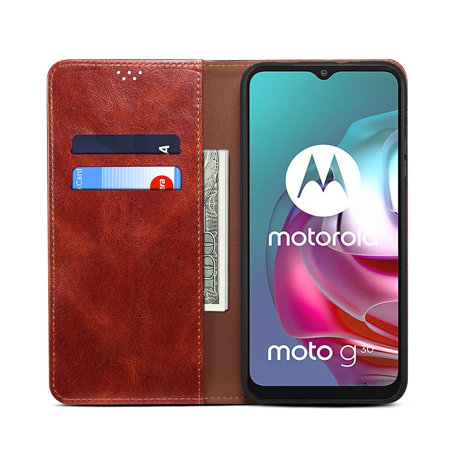 Wallet Stand Waxy Crazy Horse Texture Magnetic Auto-absorbed PU Leather Phone Case Cover for Motorola Moto G30