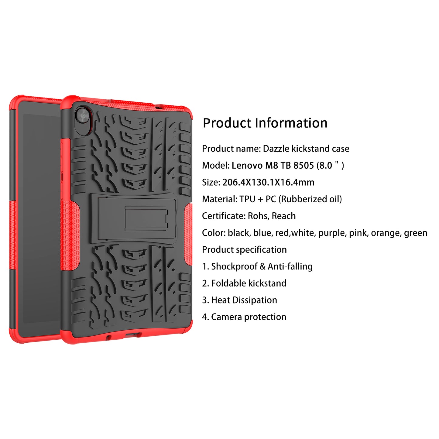 Tire Texture Hard PC Back Soft TPU Rugged Protective Phone Case with Kickstand for Lenovo Tab M8 (HD) 8505 / Tab M8 (3rd Gen) 8506