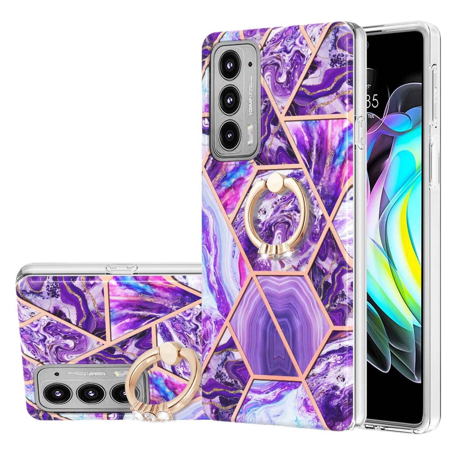 Marble Pattern 2.0mm IMD Soft TPU Bumper Anti-Scratch Shockproof Electroplating Case with Ring Kickstand Motorola Edge 20