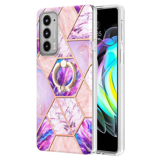 Marble Pattern 2.0mm IMD Soft TPU Bumper Anti-Scratch Shockproof Electroplating Case with Ring Kickstand Motorola Edge 20