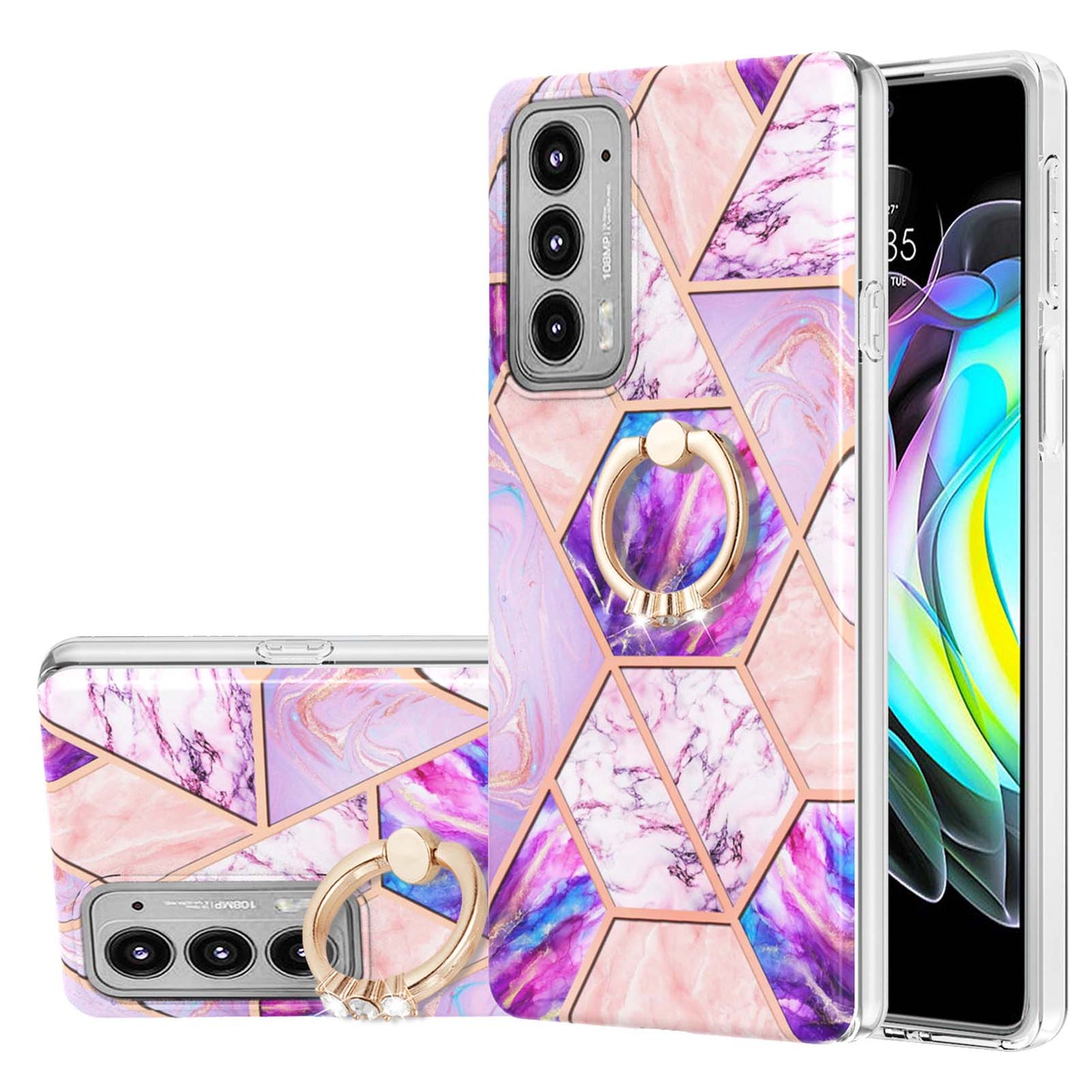 Marble Pattern 2.0mm IMD Soft TPU Bumper Anti-Scratch Shockproof Electroplating Case with Ring Kickstand Motorola Edge 20