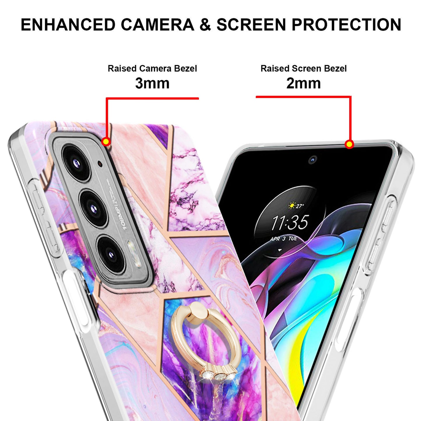 Marble Pattern 2.0mm IMD Soft TPU Bumper Anti-Scratch Shockproof Electroplating Case with Ring Kickstand Motorola Edge 20