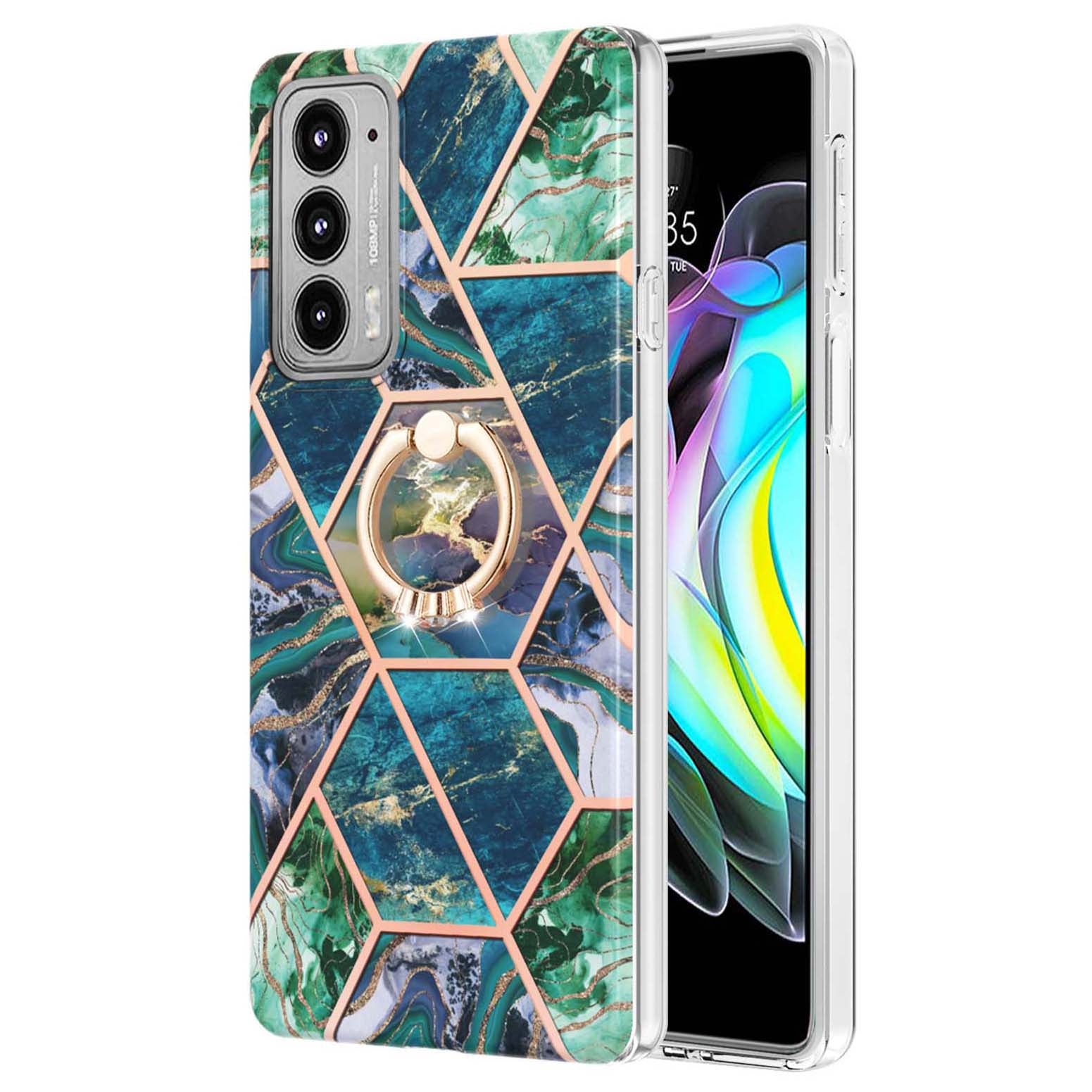 Marble Pattern 2.0mm IMD Soft TPU Bumper Anti-Scratch Shockproof Electroplating Case with Ring Kickstand Motorola Edge 20