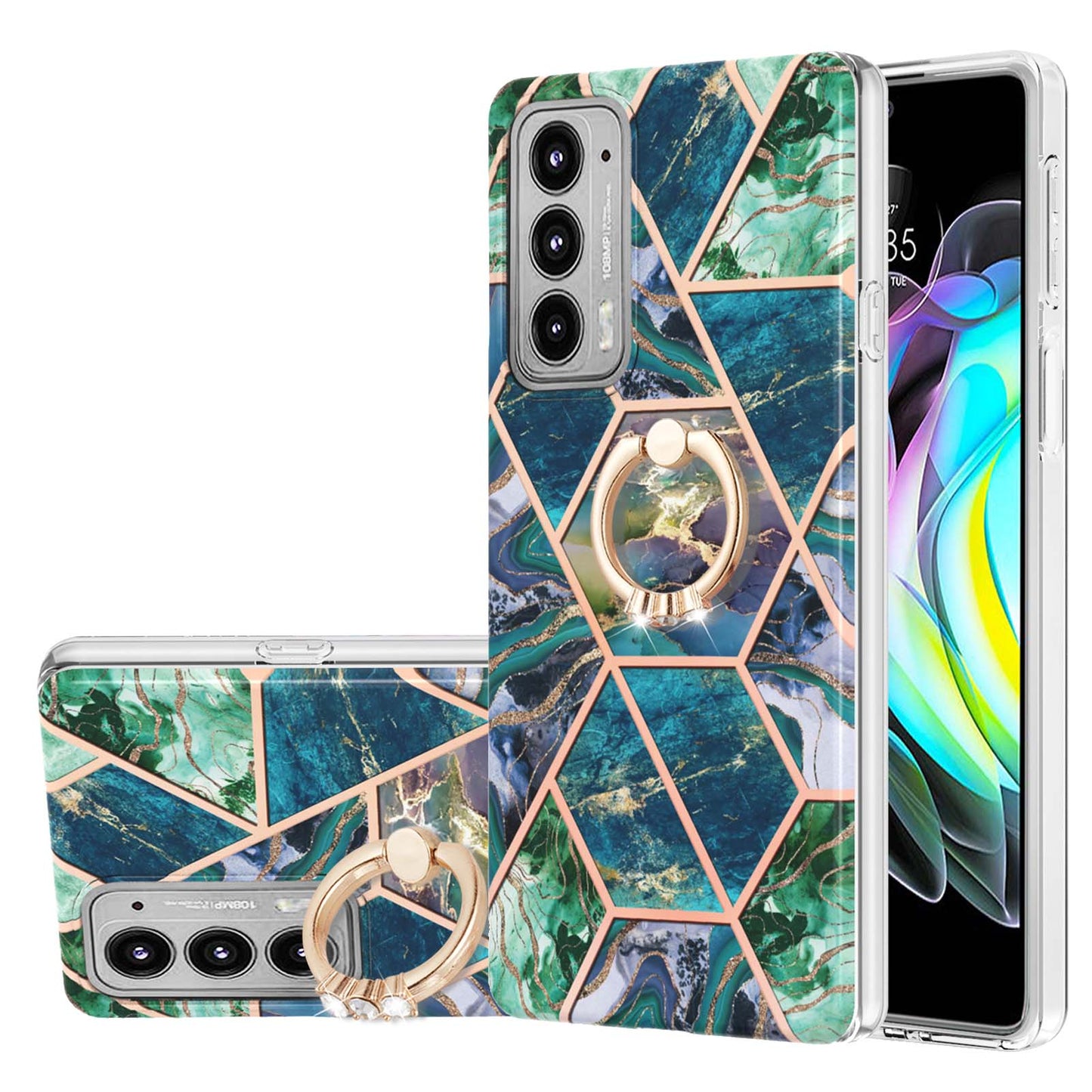 Marble Pattern 2.0mm IMD Soft TPU Bumper Anti-Scratch Shockproof Electroplating Case with Ring Kickstand Motorola Edge 20