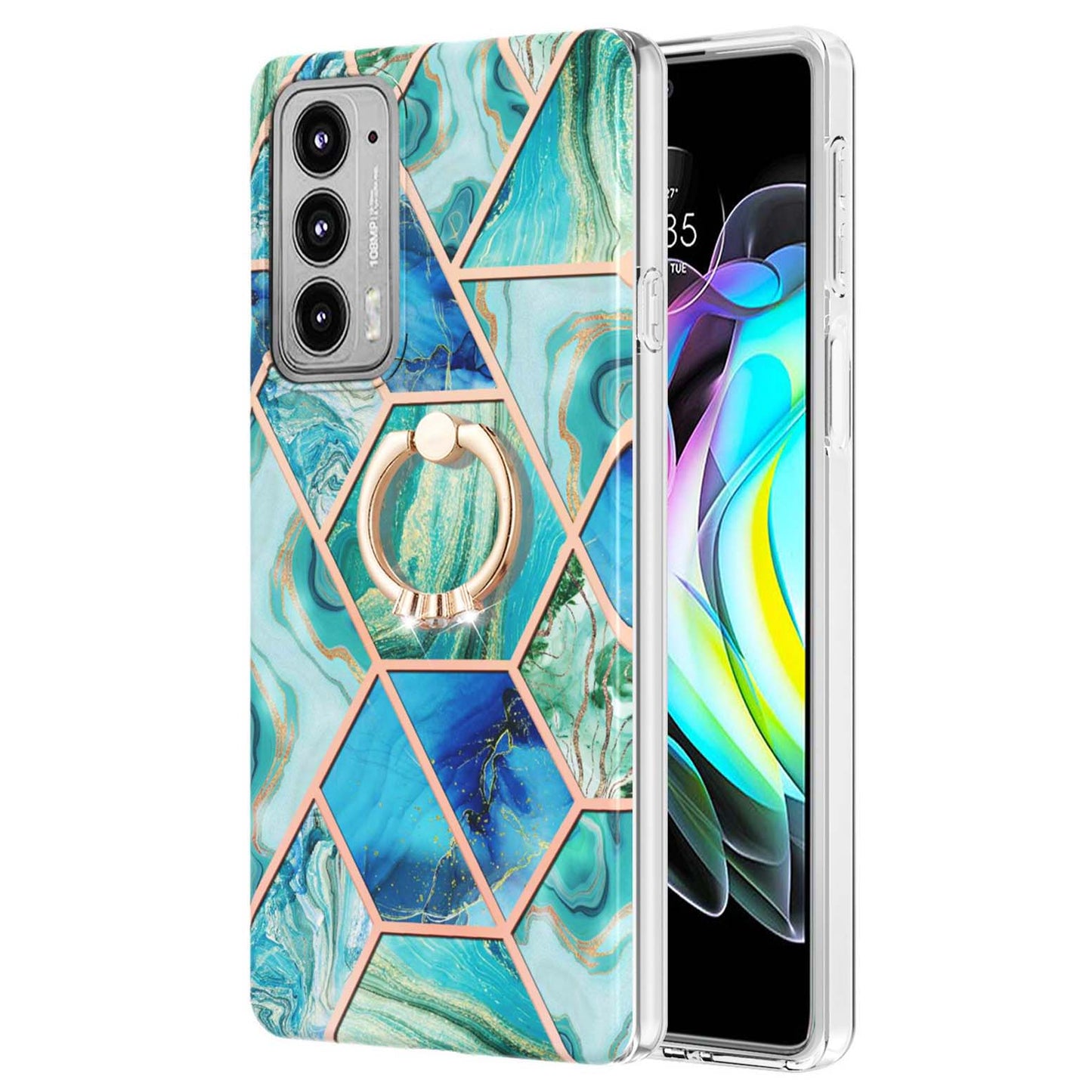 Marble Pattern 2.0mm IMD Soft TPU Bumper Anti-Scratch Shockproof Electroplating Case with Ring Kickstand Motorola Edge 20