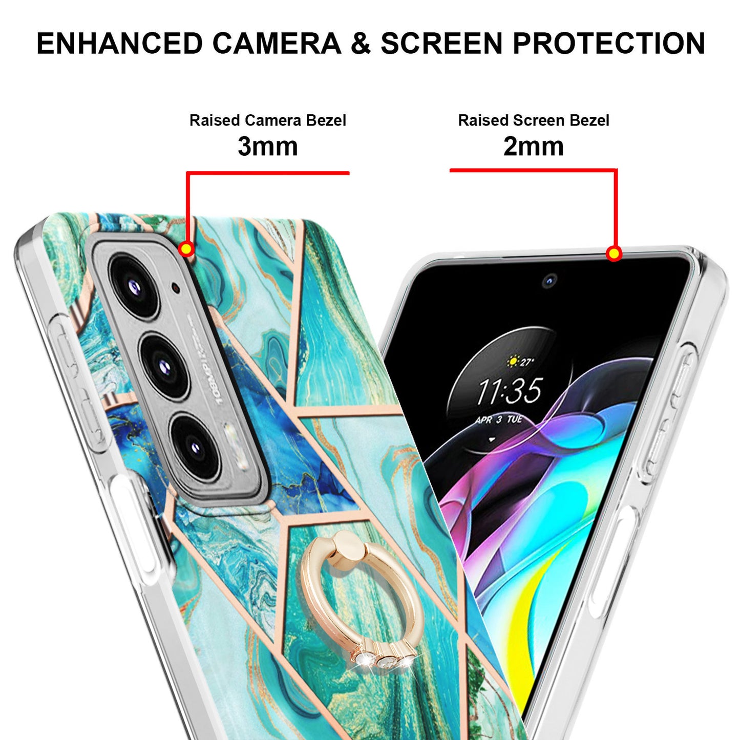 Marble Pattern 2.0mm IMD Soft TPU Bumper Anti-Scratch Shockproof Electroplating Case with Ring Kickstand Motorola Edge 20