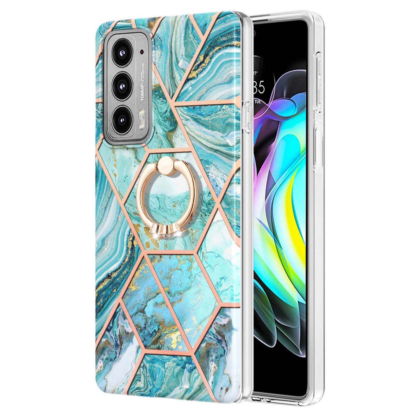 Marble Pattern 2.0mm IMD Soft TPU Bumper Anti-Scratch Shockproof Electroplating Case with Ring Kickstand Motorola Edge 20