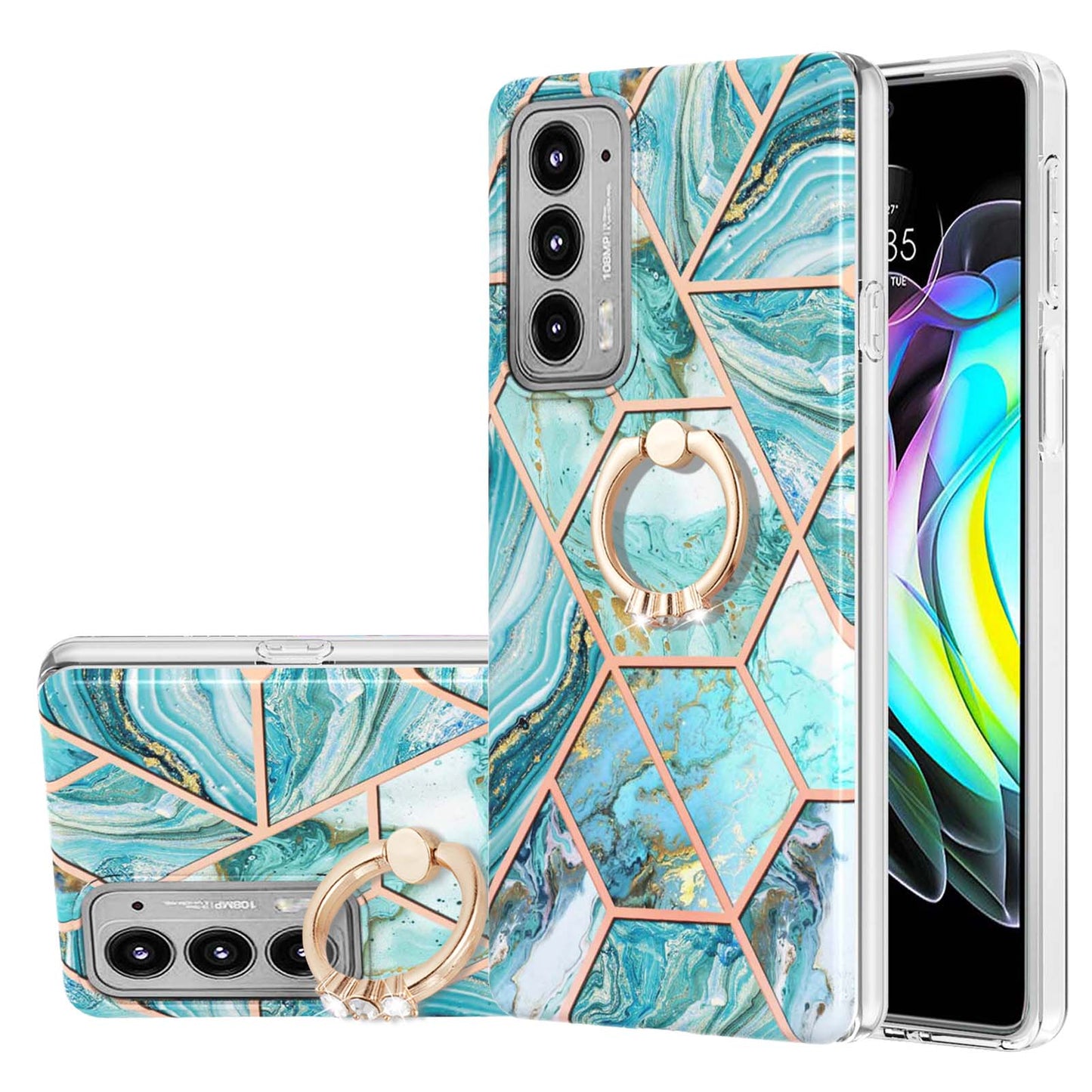 Marble Pattern 2.0mm IMD Soft TPU Bumper Anti-Scratch Shockproof Electroplating Case with Ring Kickstand Motorola Edge 20