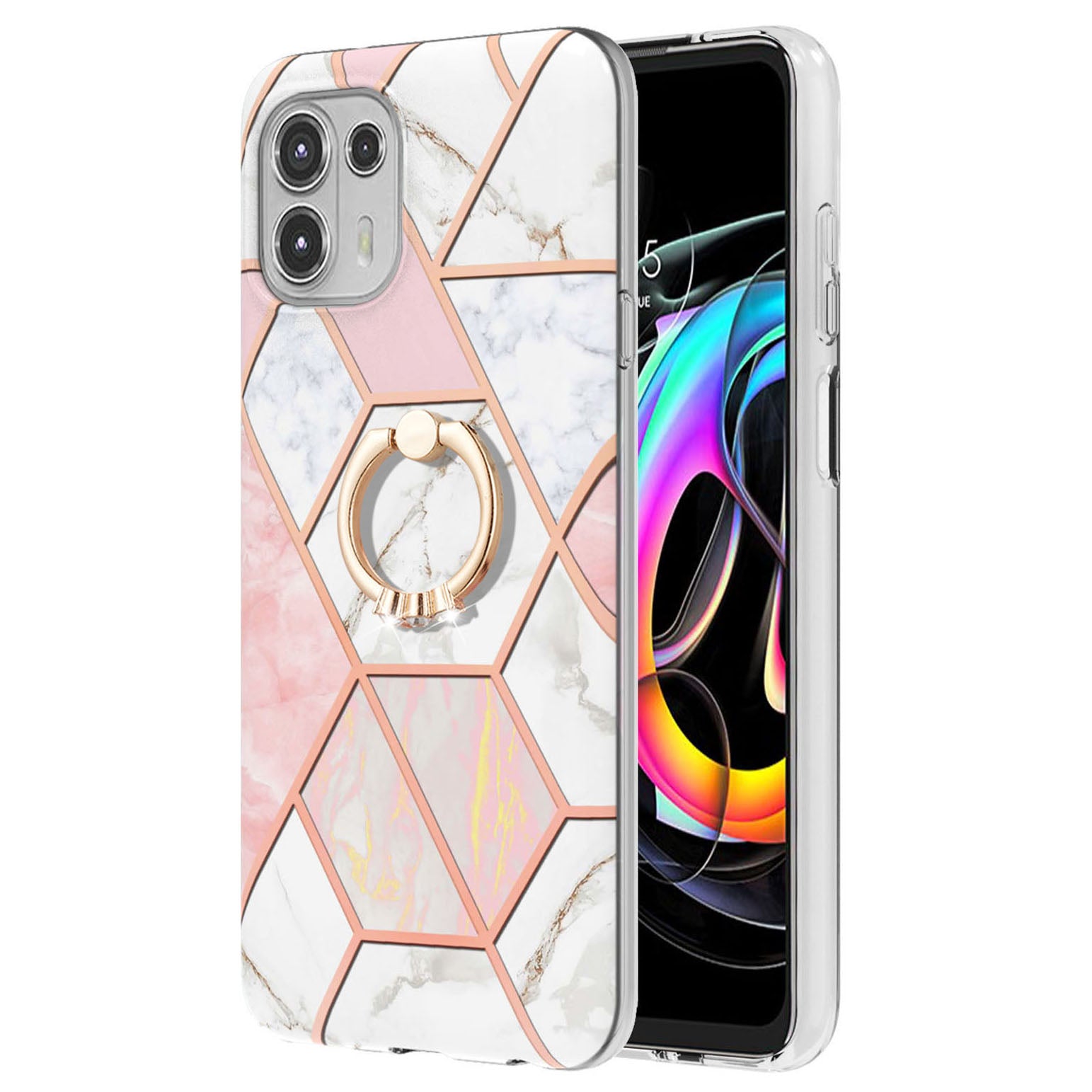 Ring Kickstand Electroplating 2.0mm IMD Soft TPU Marble Pattern Anti-Scratch Protective Cover for Motorola Edge 20 Lite