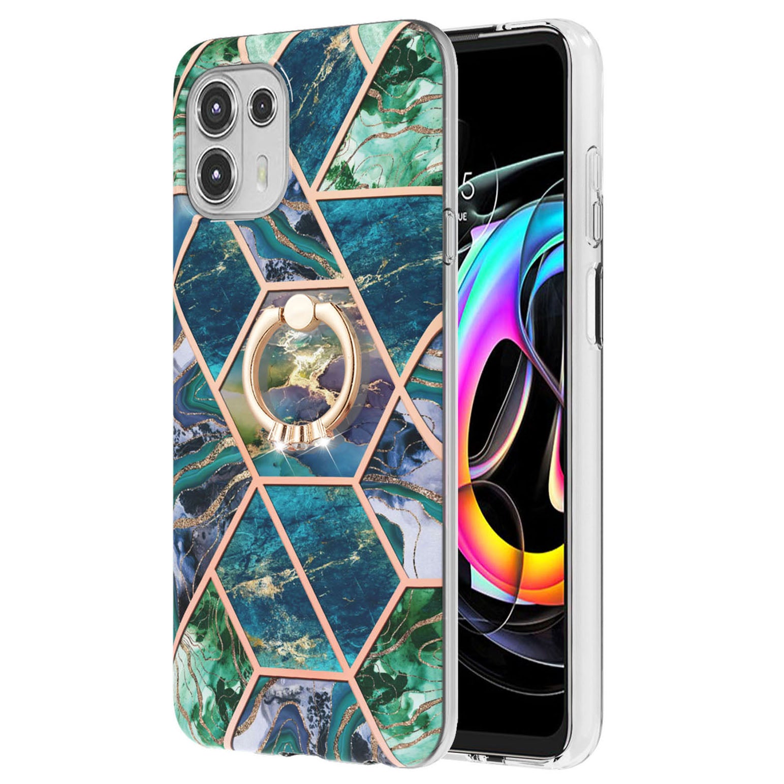 Ring Kickstand Electroplating 2.0mm IMD Soft TPU Marble Pattern Anti-Scratch Protective Cover for Motorola Edge 20 Lite