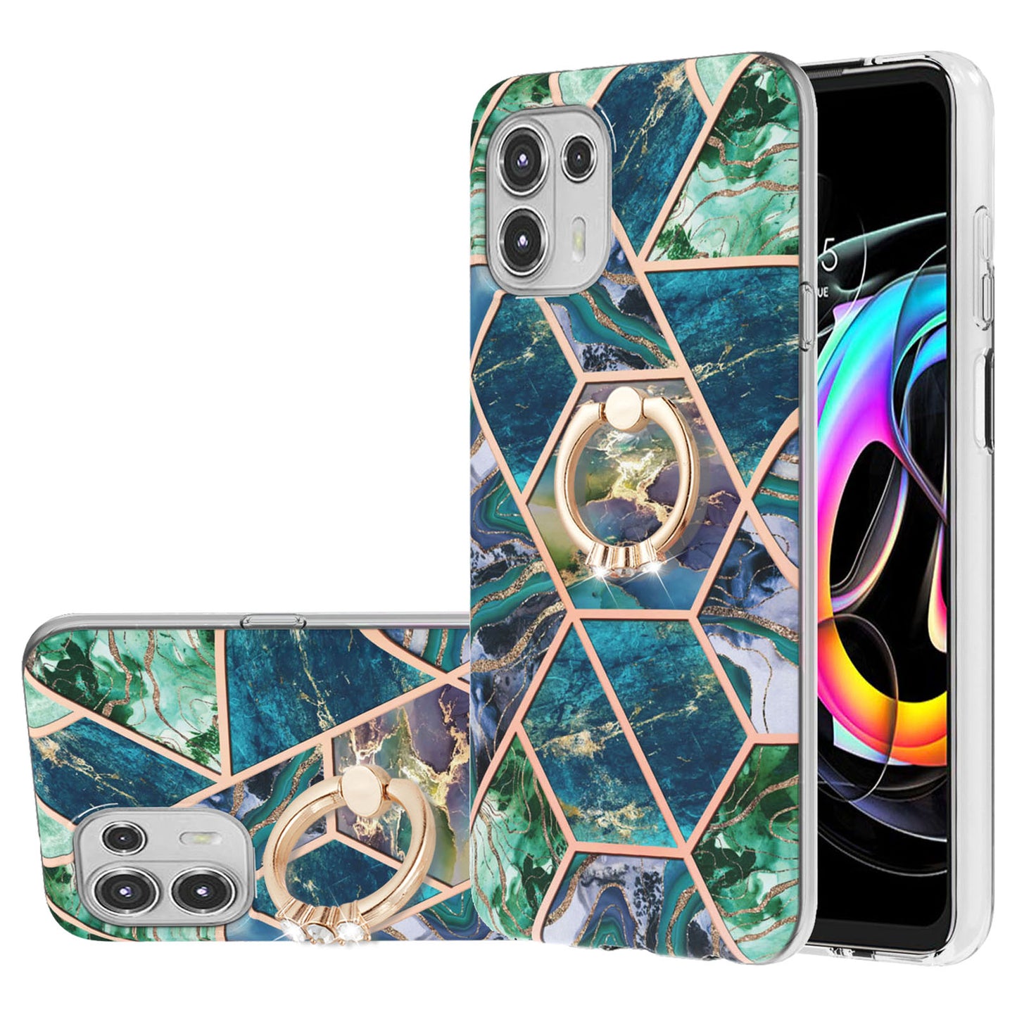 Ring Kickstand Electroplating 2.0mm IMD Soft TPU Marble Pattern Anti-Scratch Protective Cover for Motorola Edge 20 Lite