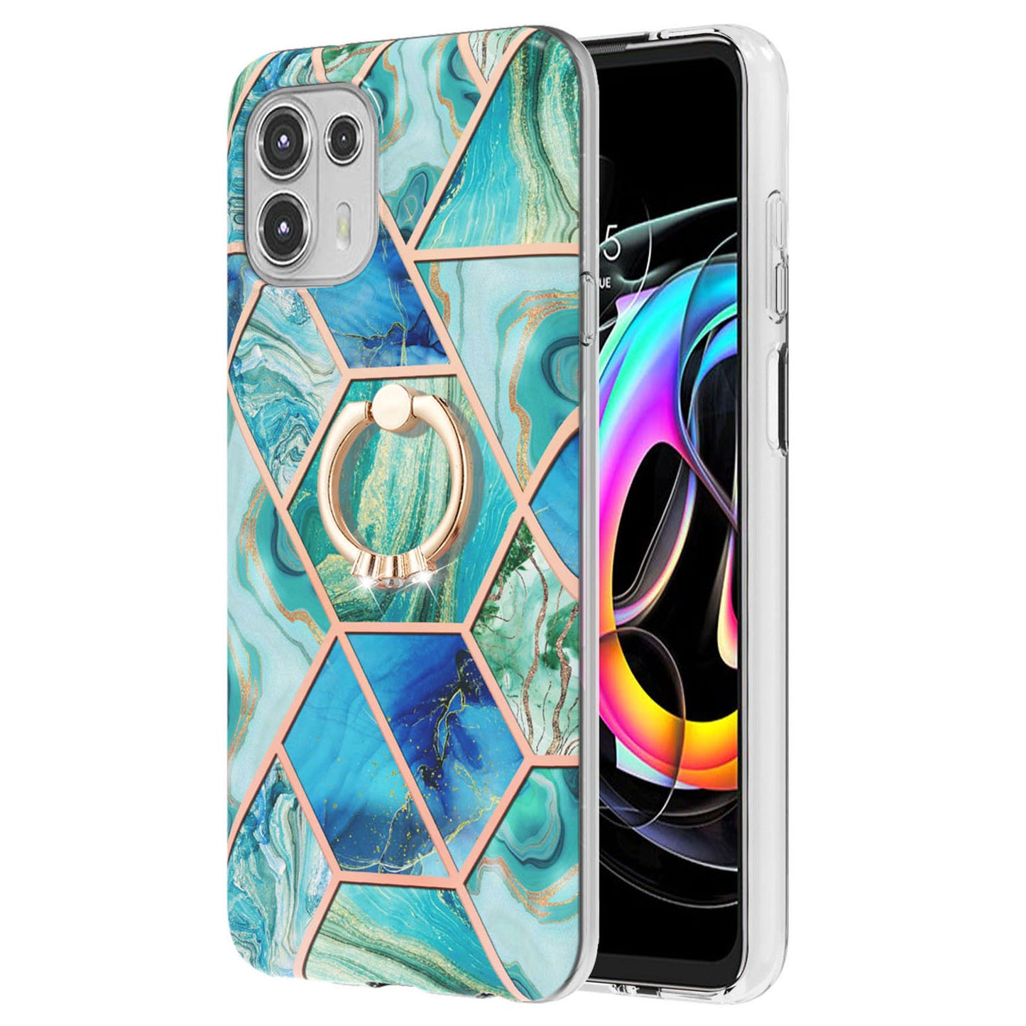 Ring Kickstand Electroplating 2.0mm IMD Soft TPU Marble Pattern Anti-Scratch Protective Cover for Motorola Edge 20 Lite