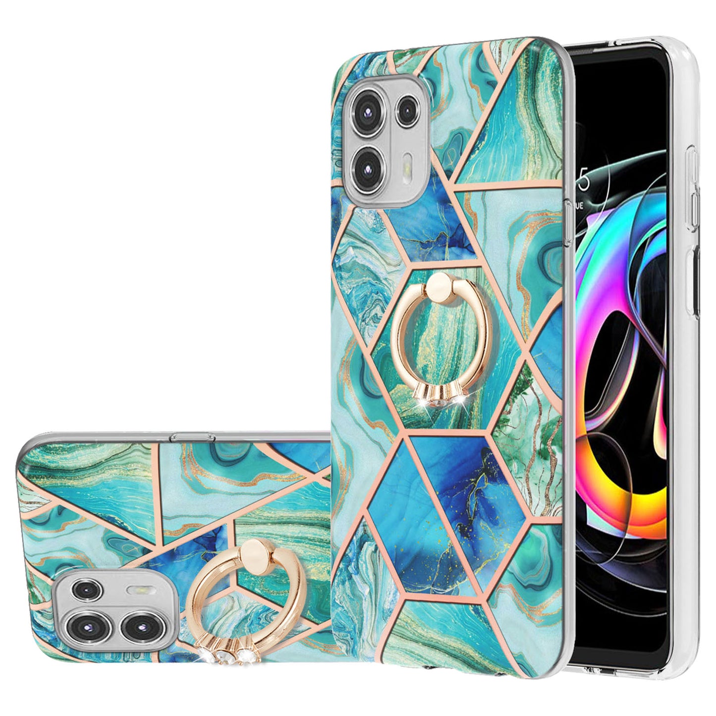 Ring Kickstand Electroplating 2.0mm IMD Soft TPU Marble Pattern Anti-Scratch Protective Cover for Motorola Edge 20 Lite