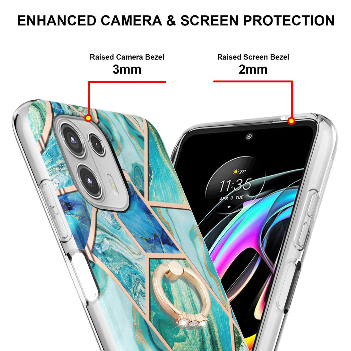 Ring Kickstand Electroplating 2.0mm IMD Soft TPU Marble Pattern Anti-Scratch Protective Cover for Motorola Edge 20 Lite