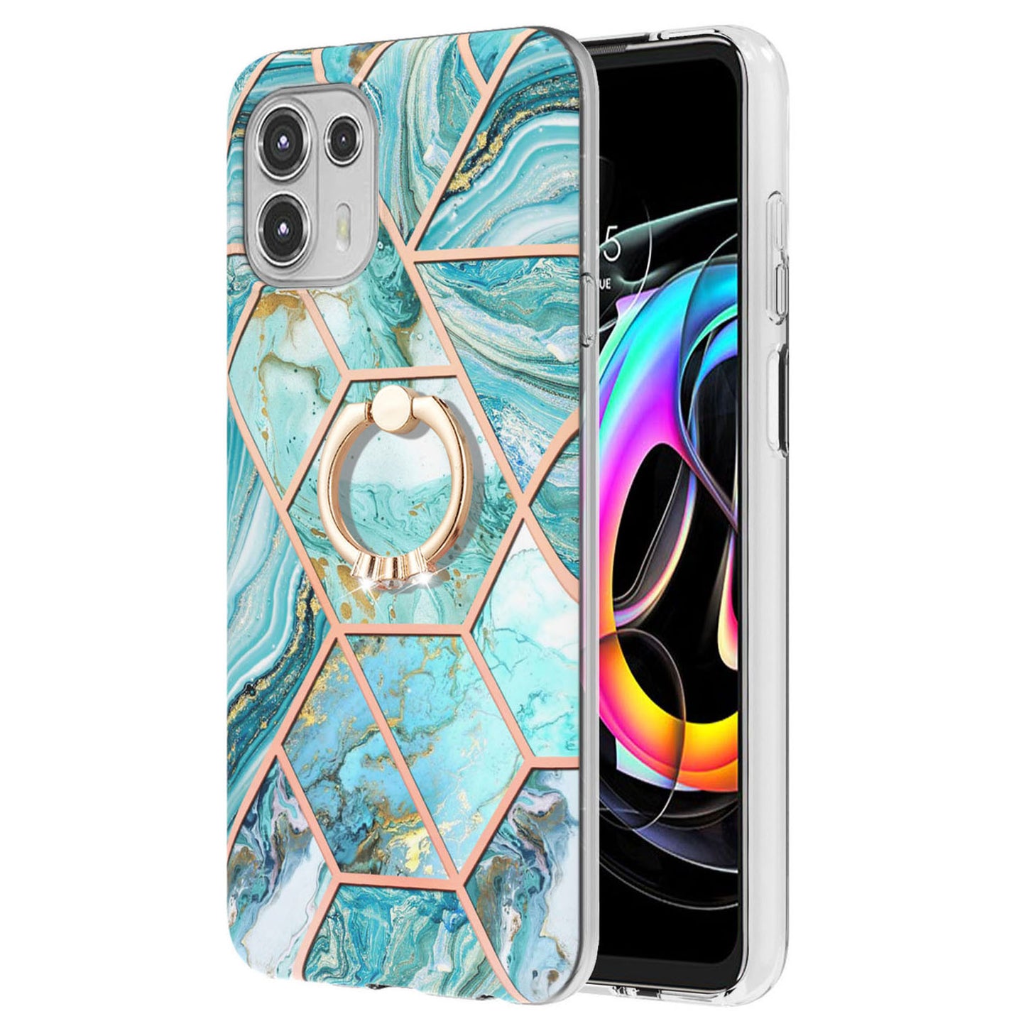 Ring Kickstand Electroplating 2.0mm IMD Soft TPU Marble Pattern Anti-Scratch Protective Cover for Motorola Edge 20 Lite