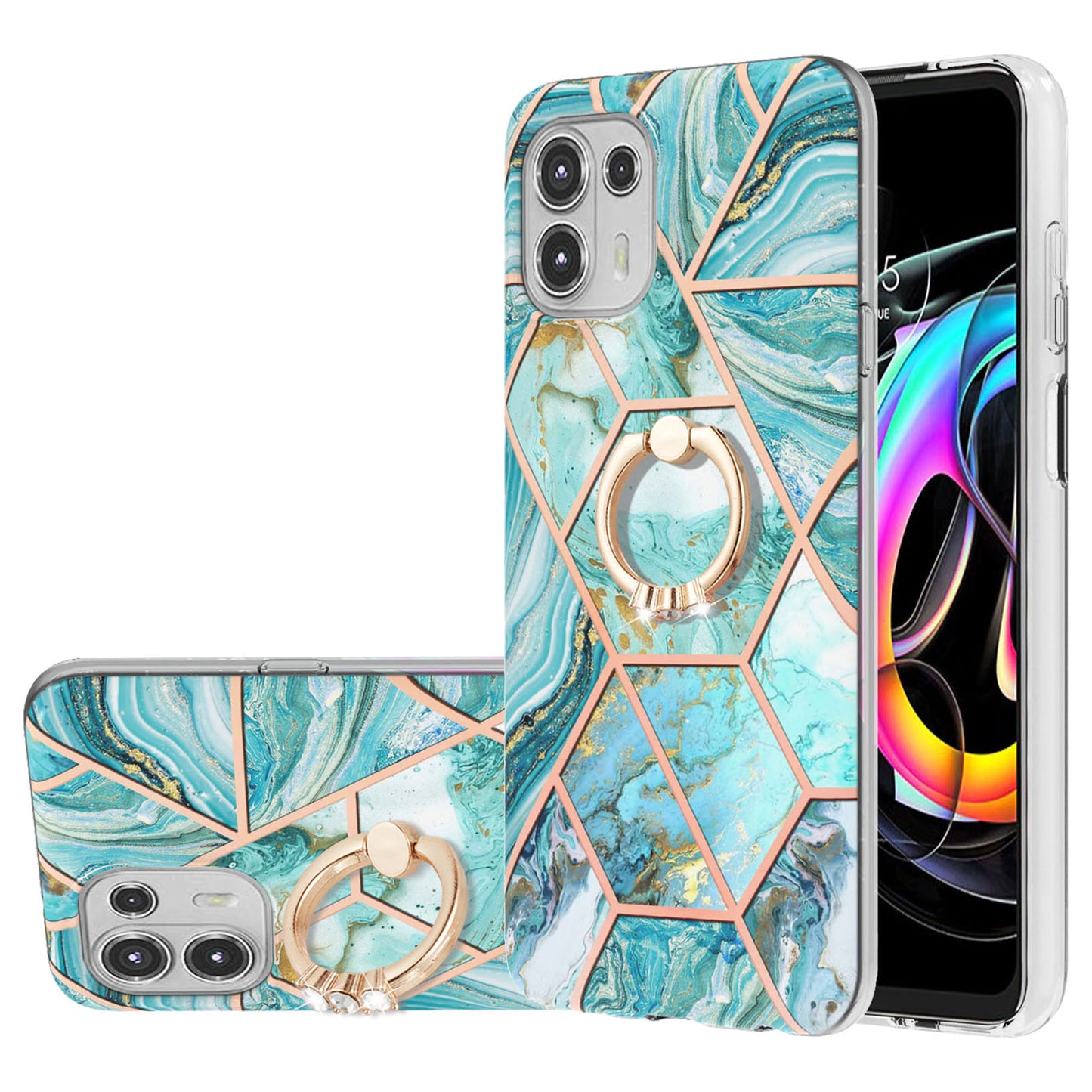 Ring Kickstand Electroplating 2.0mm IMD Soft TPU Marble Pattern Anti-Scratch Protective Cover for Motorola Edge 20 Lite