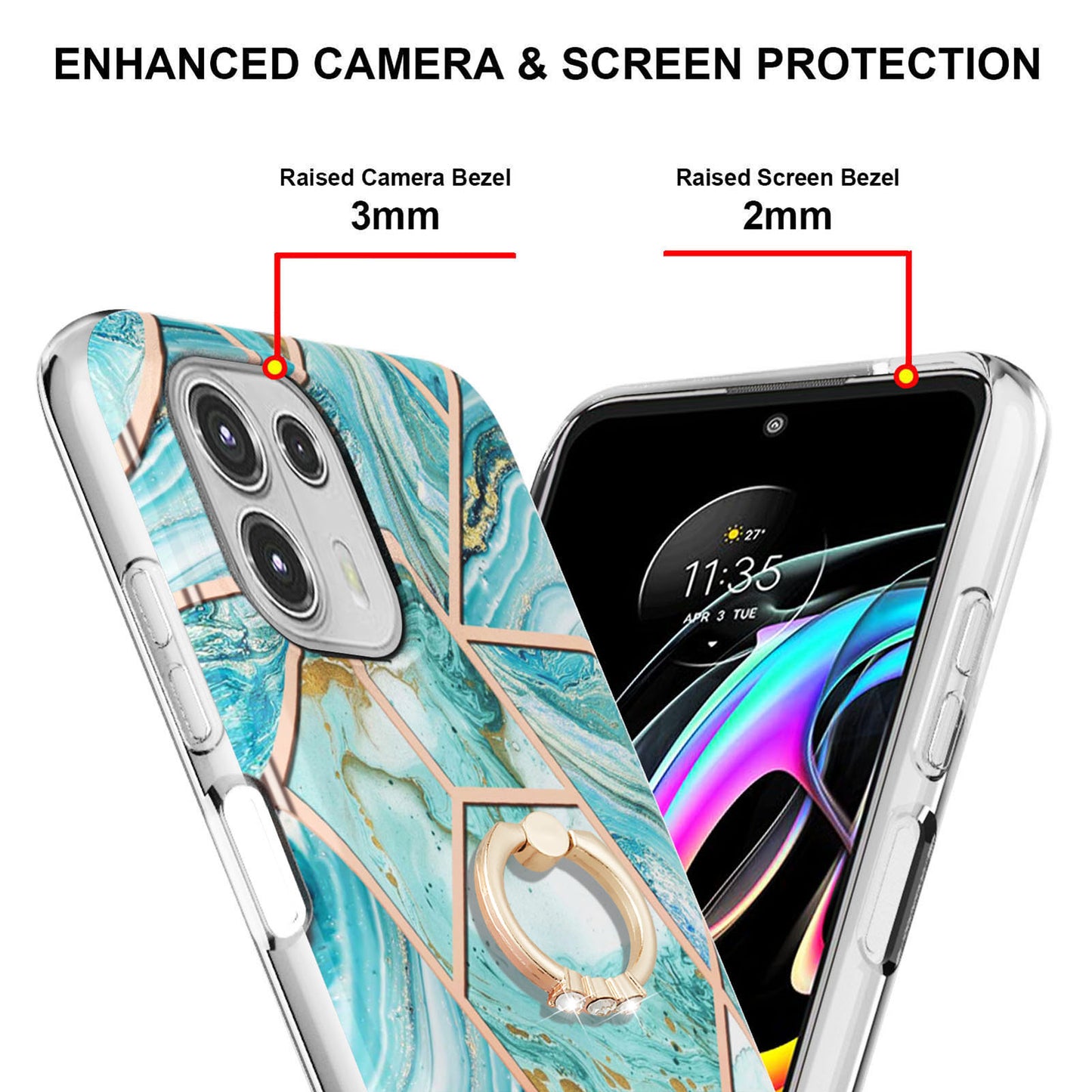 Ring Kickstand Electroplating 2.0mm IMD Soft TPU Marble Pattern Anti-Scratch Protective Cover for Motorola Edge 20 Lite