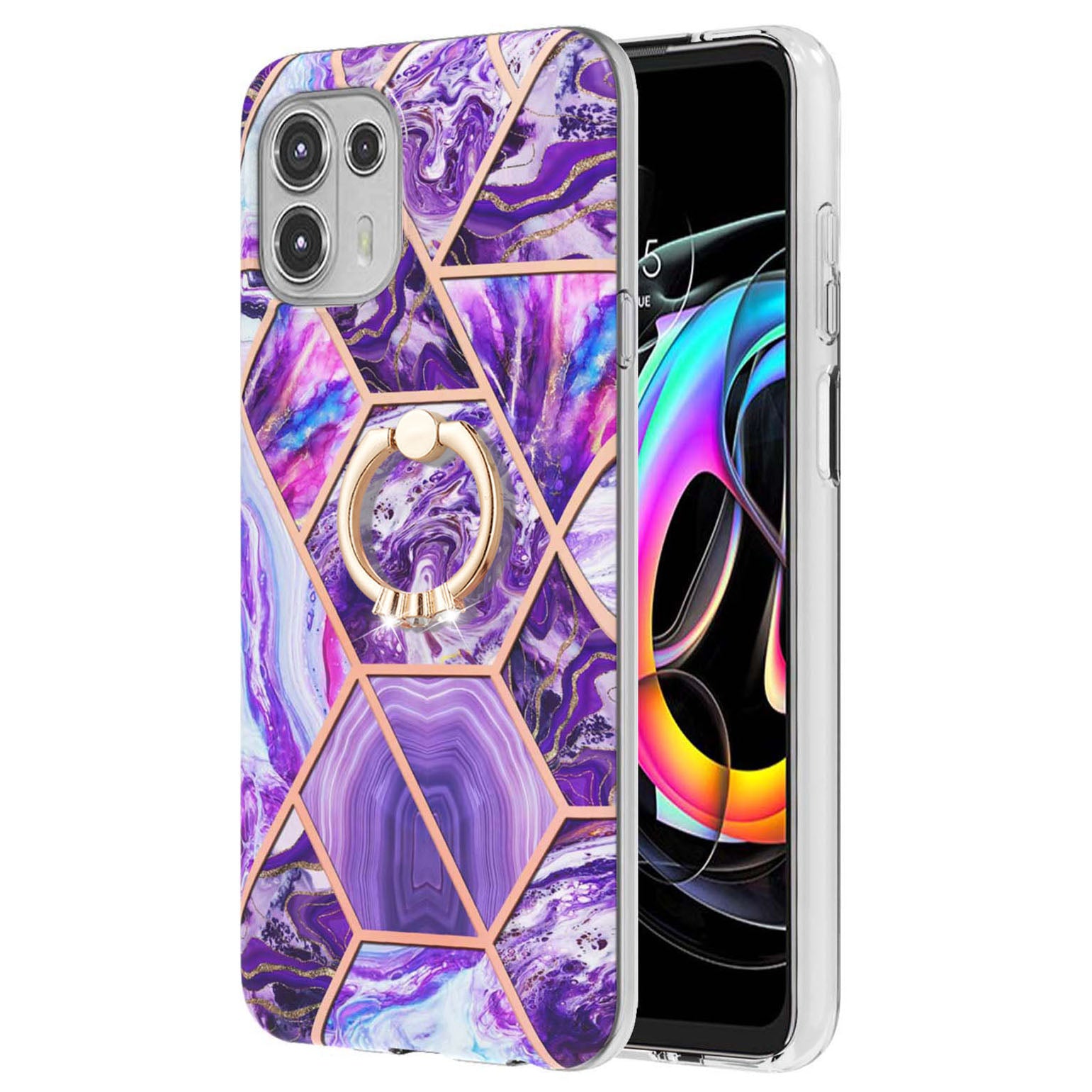 Ring Kickstand Electroplating 2.0mm IMD Soft TPU Marble Pattern Anti-Scratch Protective Cover for Motorola Edge 20 Lite