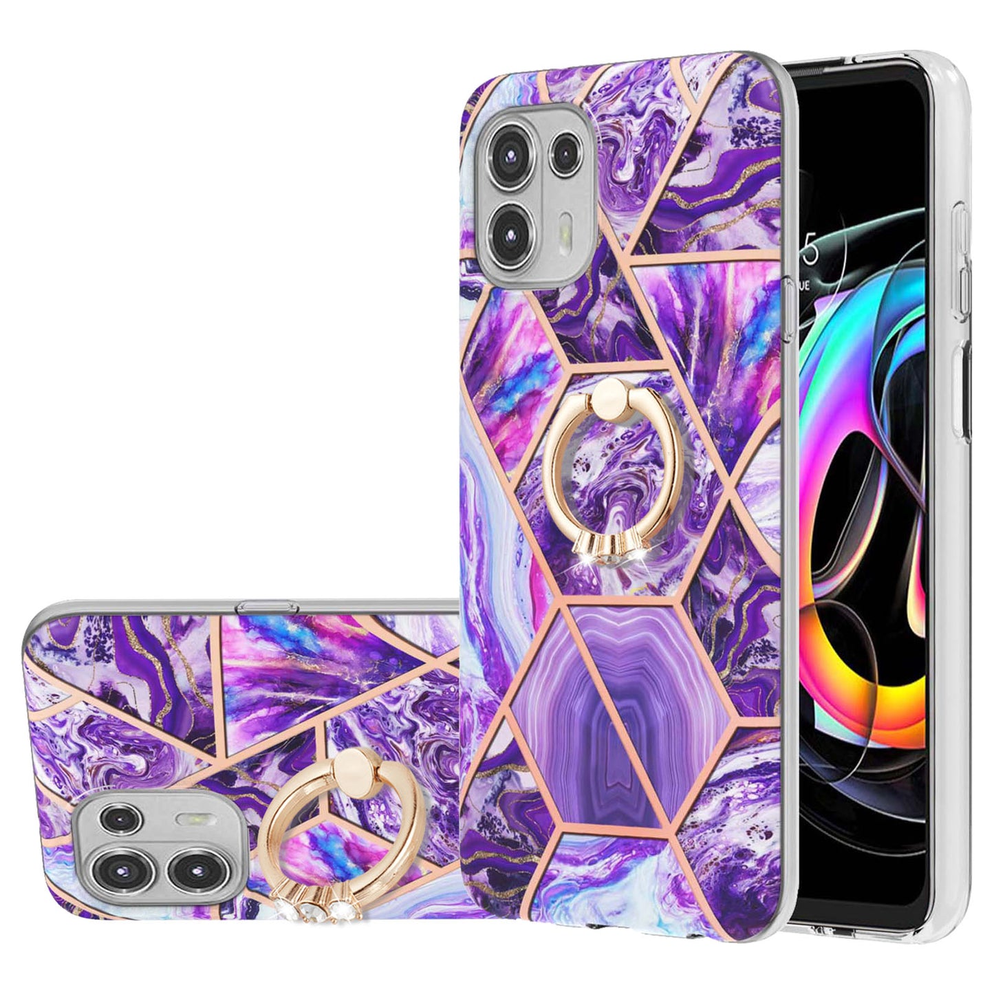 Ring Kickstand Electroplating 2.0mm IMD Soft TPU Marble Pattern Anti-Scratch Protective Cover for Motorola Edge 20 Lite