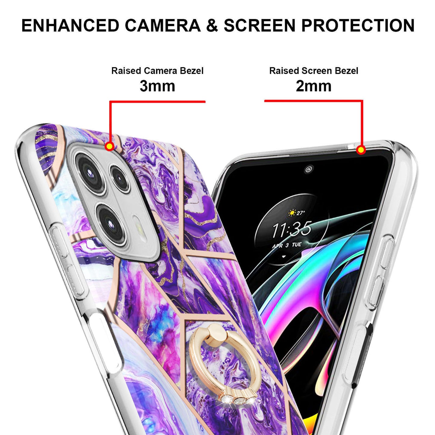 Ring Kickstand Electroplating 2.0mm IMD Soft TPU Marble Pattern Anti-Scratch Protective Cover for Motorola Edge 20 Lite