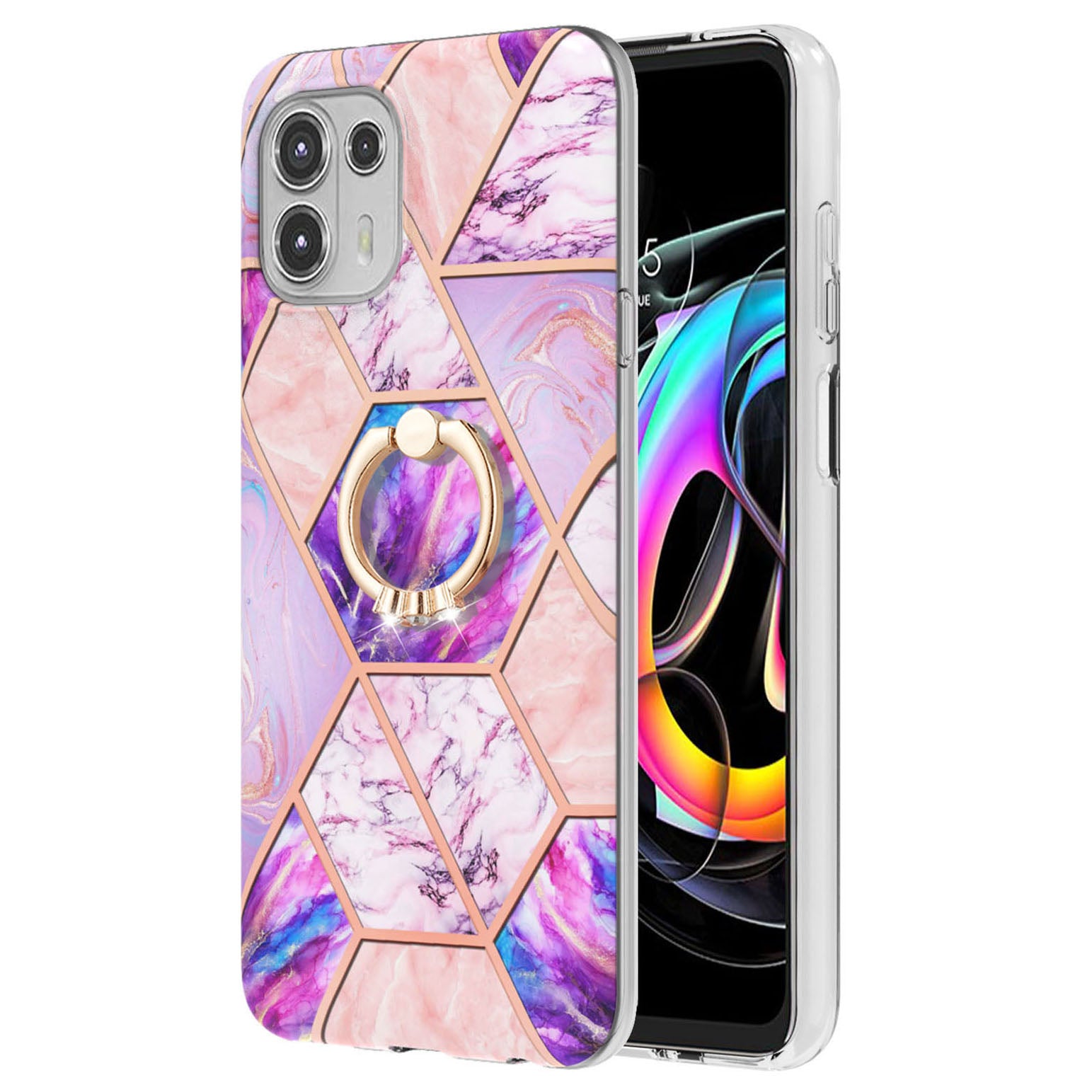 Ring Kickstand Electroplating 2.0mm IMD Soft TPU Marble Pattern Anti-Scratch Protective Cover for Motorola Edge 20 Lite