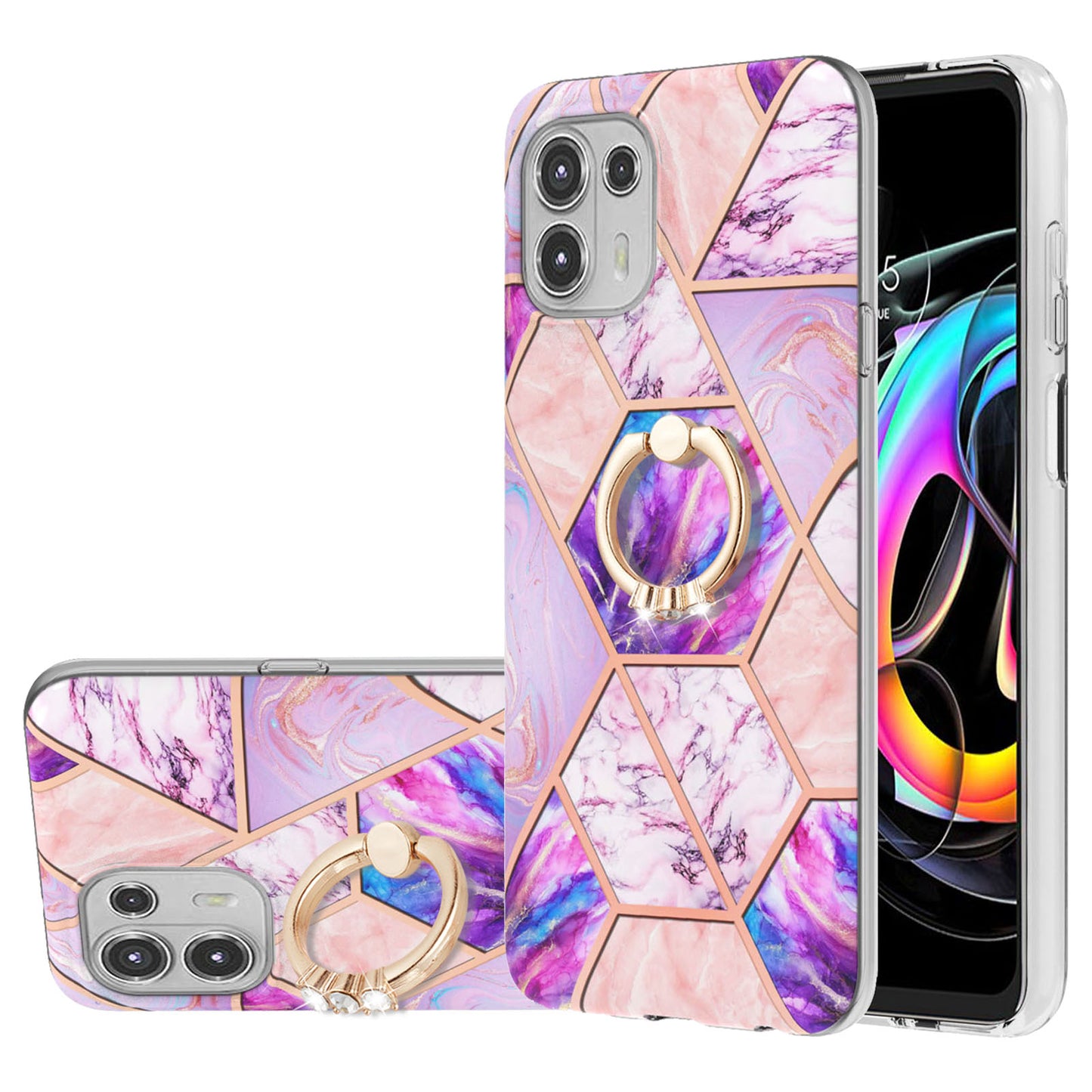 Ring Kickstand Electroplating 2.0mm IMD Soft TPU Marble Pattern Anti-Scratch Protective Cover for Motorola Edge 20 Lite