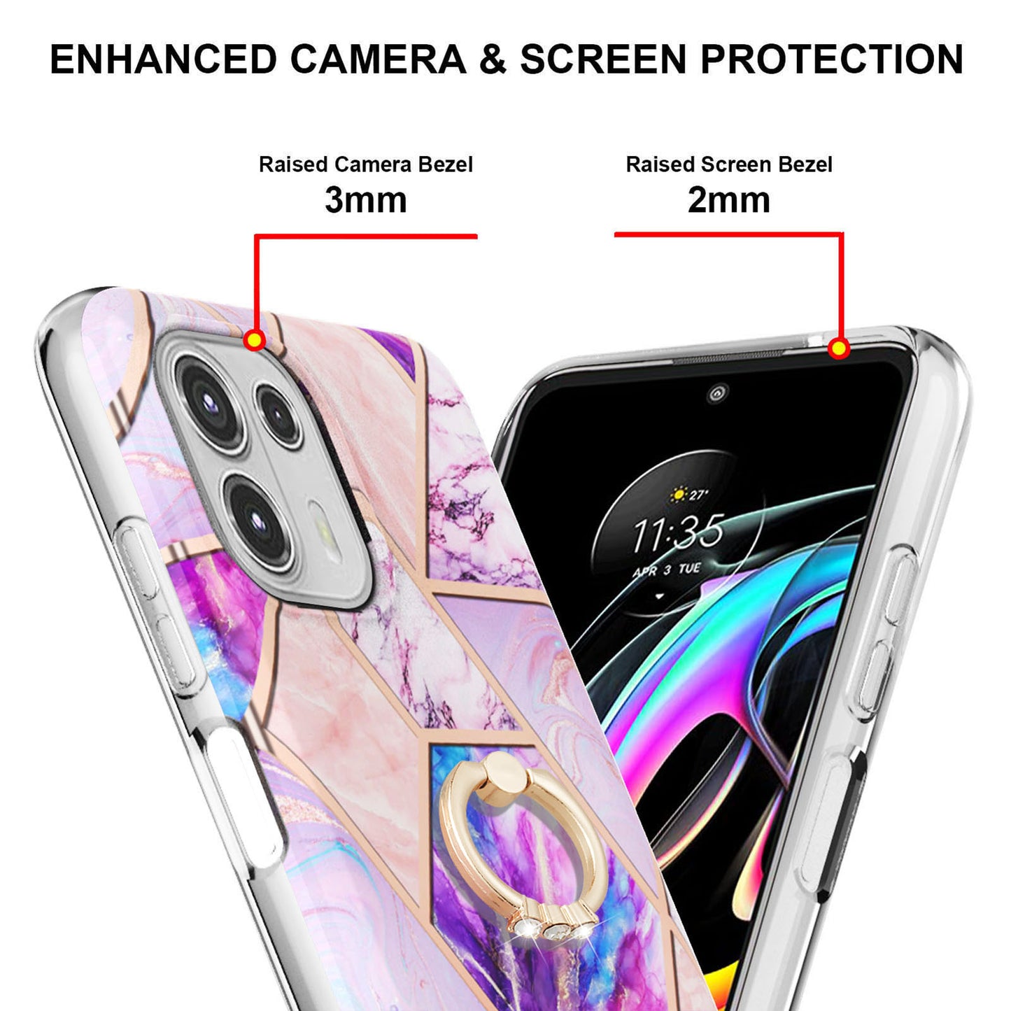 Ring Kickstand Electroplating 2.0mm IMD Soft TPU Marble Pattern Anti-Scratch Protective Cover for Motorola Edge 20 Lite