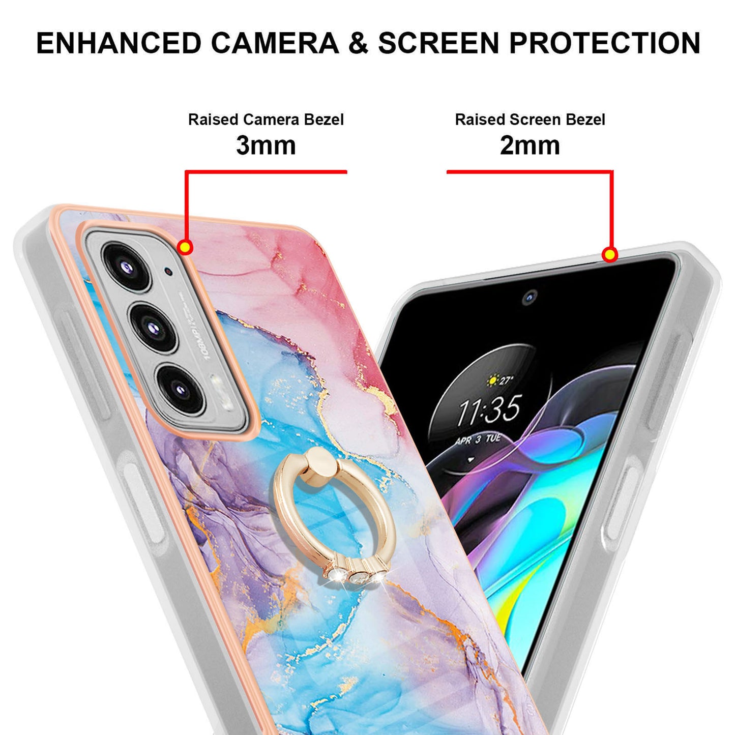 IMD Design Marble Pattern Lightweight Anti-Fall Soft TPU Phone Cover Case with Ring Kickstand for Motorola Edge 20