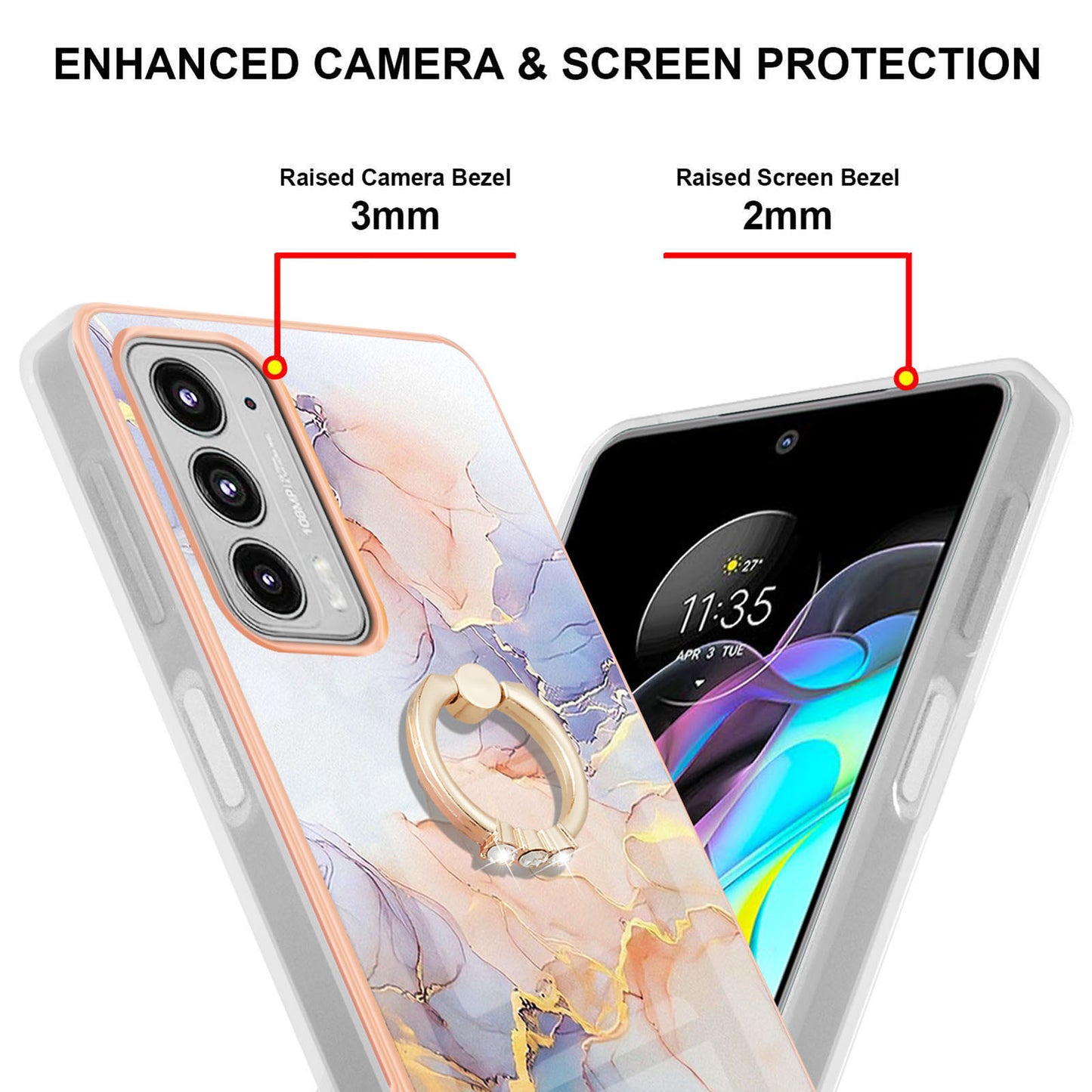 IMD Design Marble Pattern Lightweight Anti-Fall Soft TPU Phone Cover Case with Ring Kickstand for Motorola Edge 20