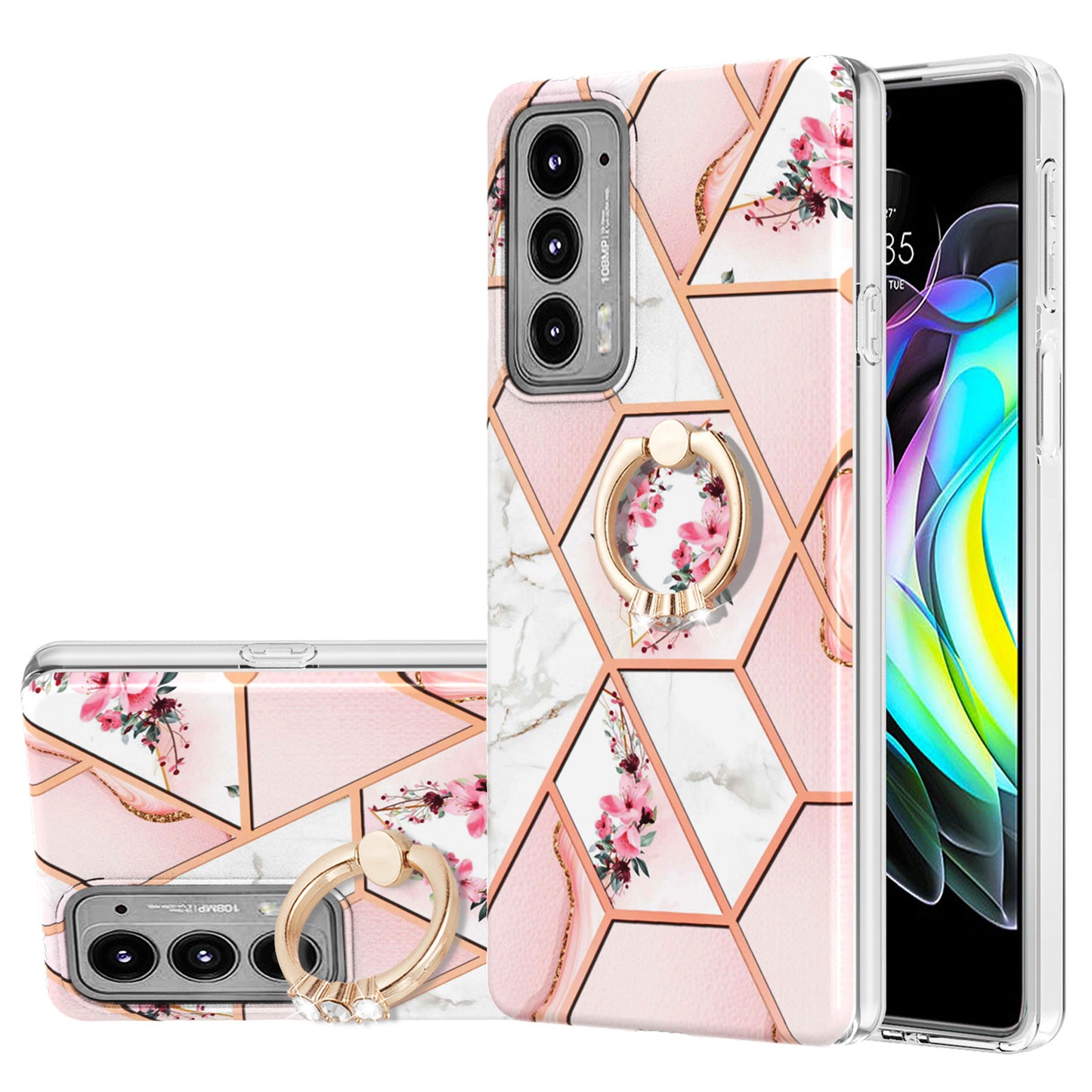 IMD Design Marble Pattern Lightweight Anti-Fall Soft TPU Phone Cover Case with Ring Kickstand for Motorola Edge 20