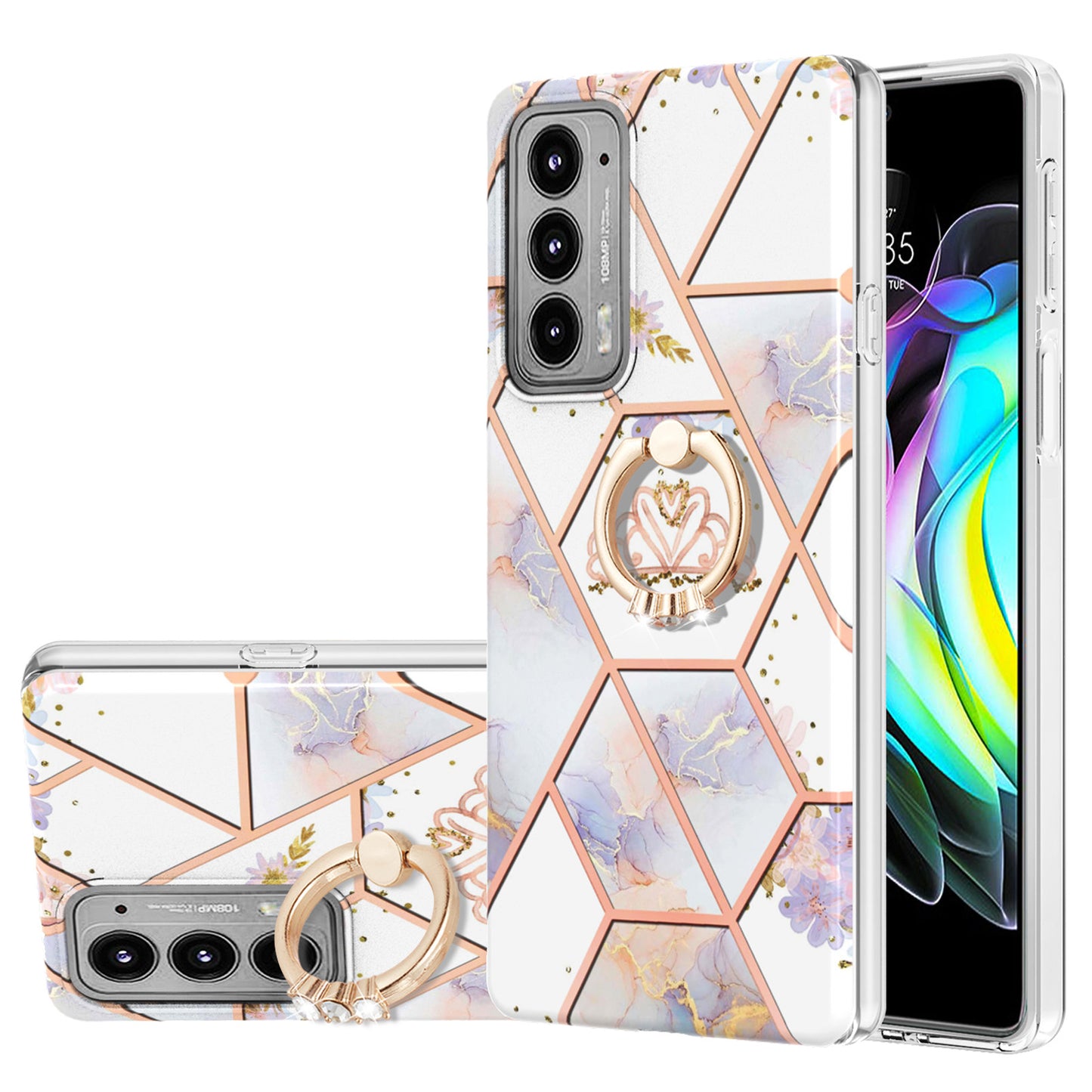 IMD Design Marble Pattern Lightweight Anti-Fall Soft TPU Phone Cover Case with Ring Kickstand for Motorola Edge 20