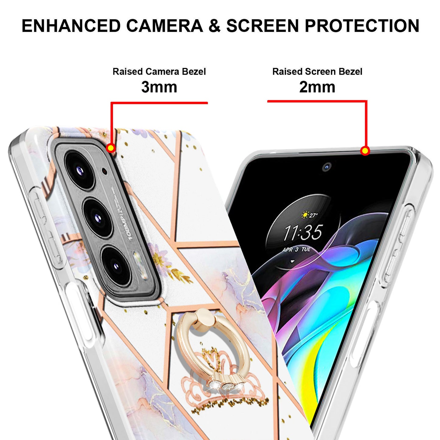 IMD Design Marble Pattern Lightweight Anti-Fall Soft TPU Phone Cover Case with Ring Kickstand for Motorola Edge 20