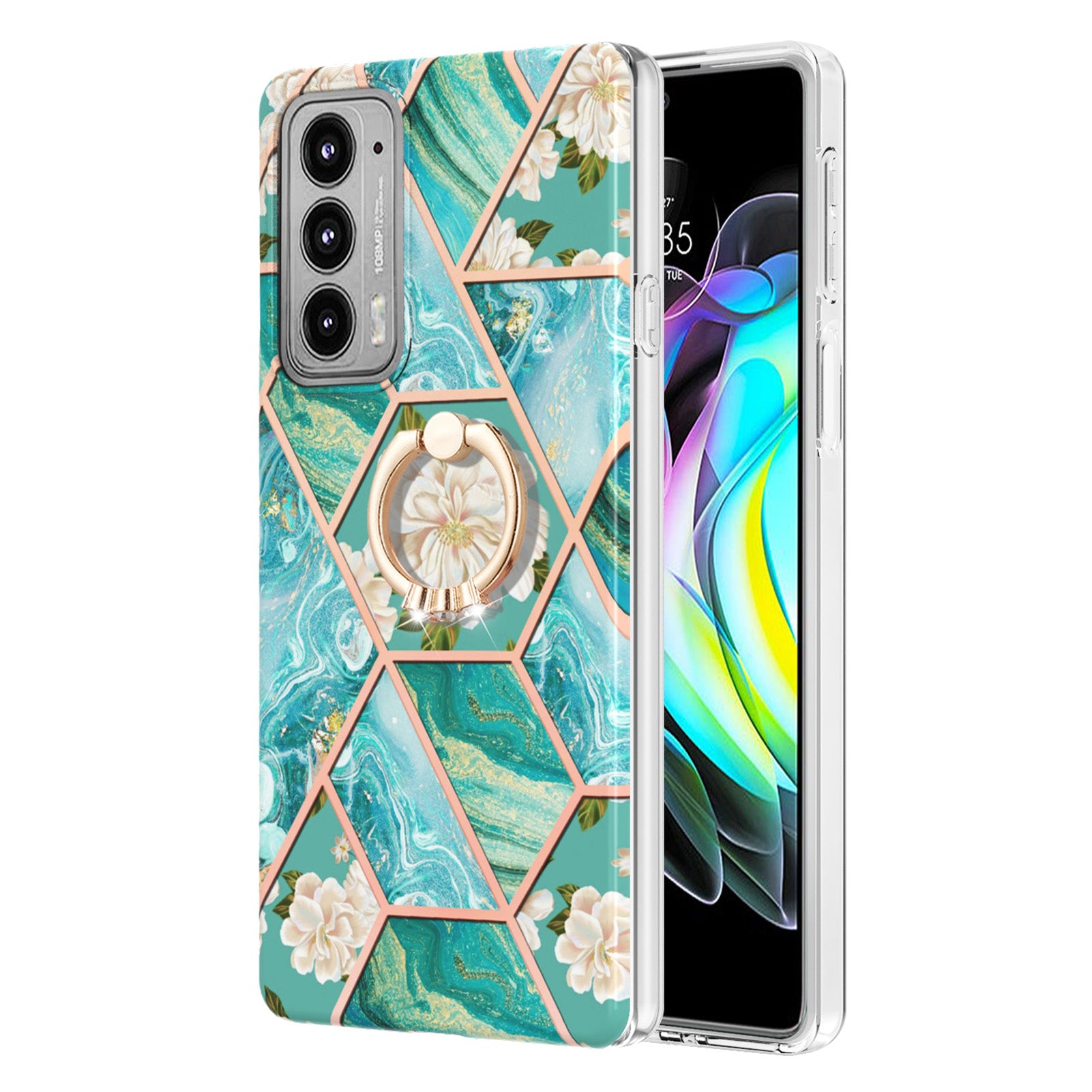 IMD Design Marble Pattern Lightweight Anti-Fall Soft TPU Phone Cover Case with Ring Kickstand for Motorola Edge 20