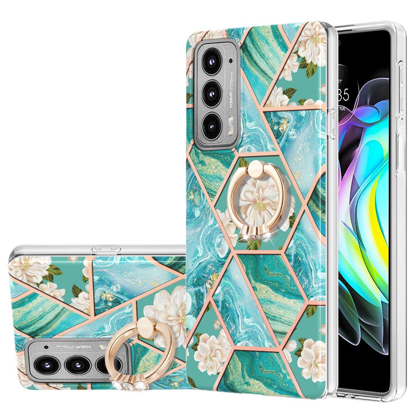 IMD Design Marble Pattern Lightweight Anti-Fall Soft TPU Phone Cover Case with Ring Kickstand for Motorola Edge 20