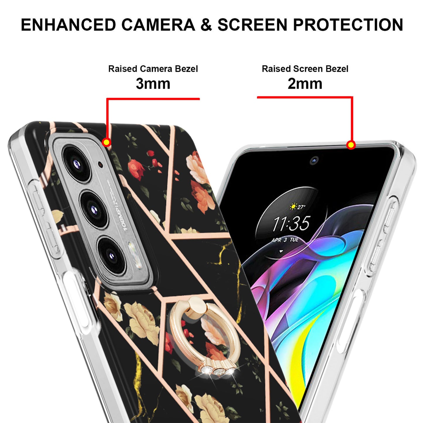 IMD Design Marble Pattern Lightweight Anti-Fall Soft TPU Phone Cover Case with Ring Kickstand for Motorola Edge 20