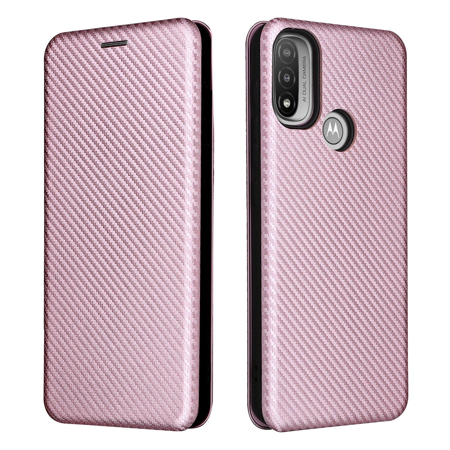 Carbon Fiber Texture PU Leather Card Holder Slot Stand Auto Closing Magnetic Case with Ring Strap for Motorola Moto E20