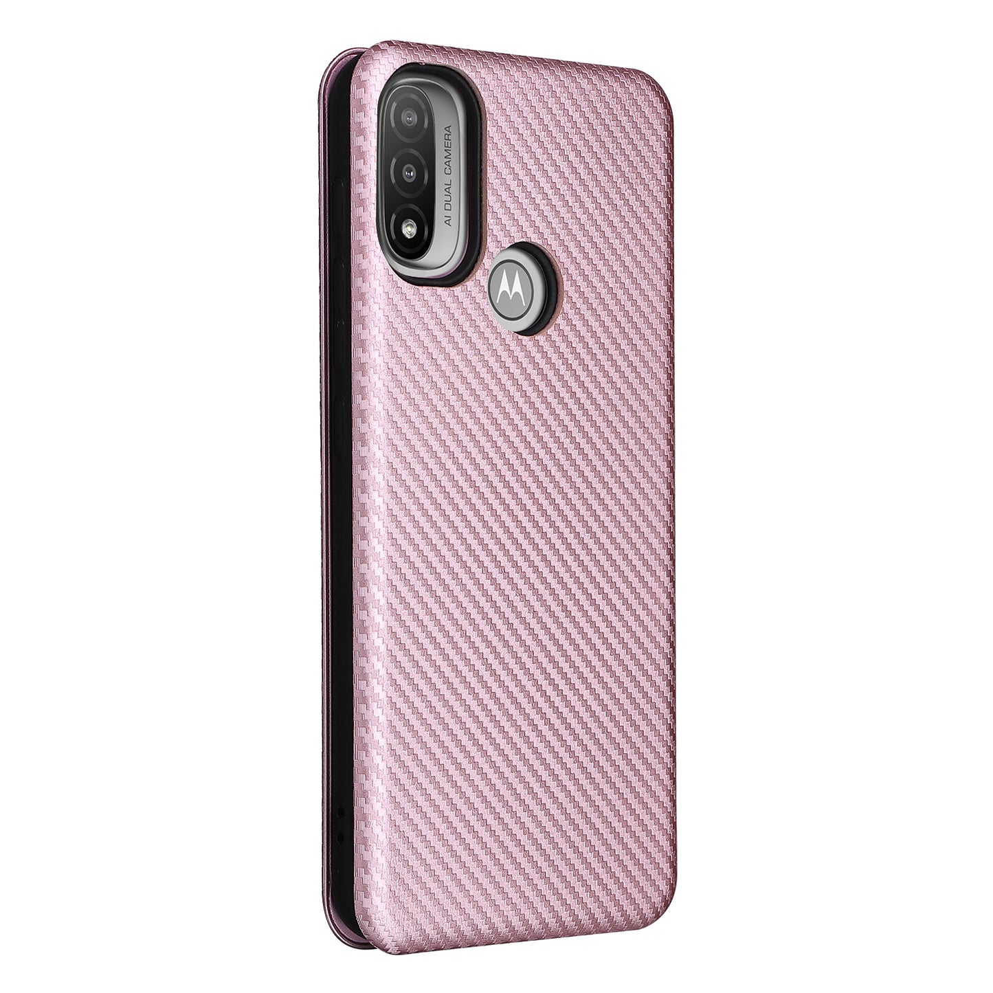 Carbon Fiber Texture PU Leather Card Holder Slot Stand Auto Closing Magnetic Case with Ring Strap for Motorola Moto E20