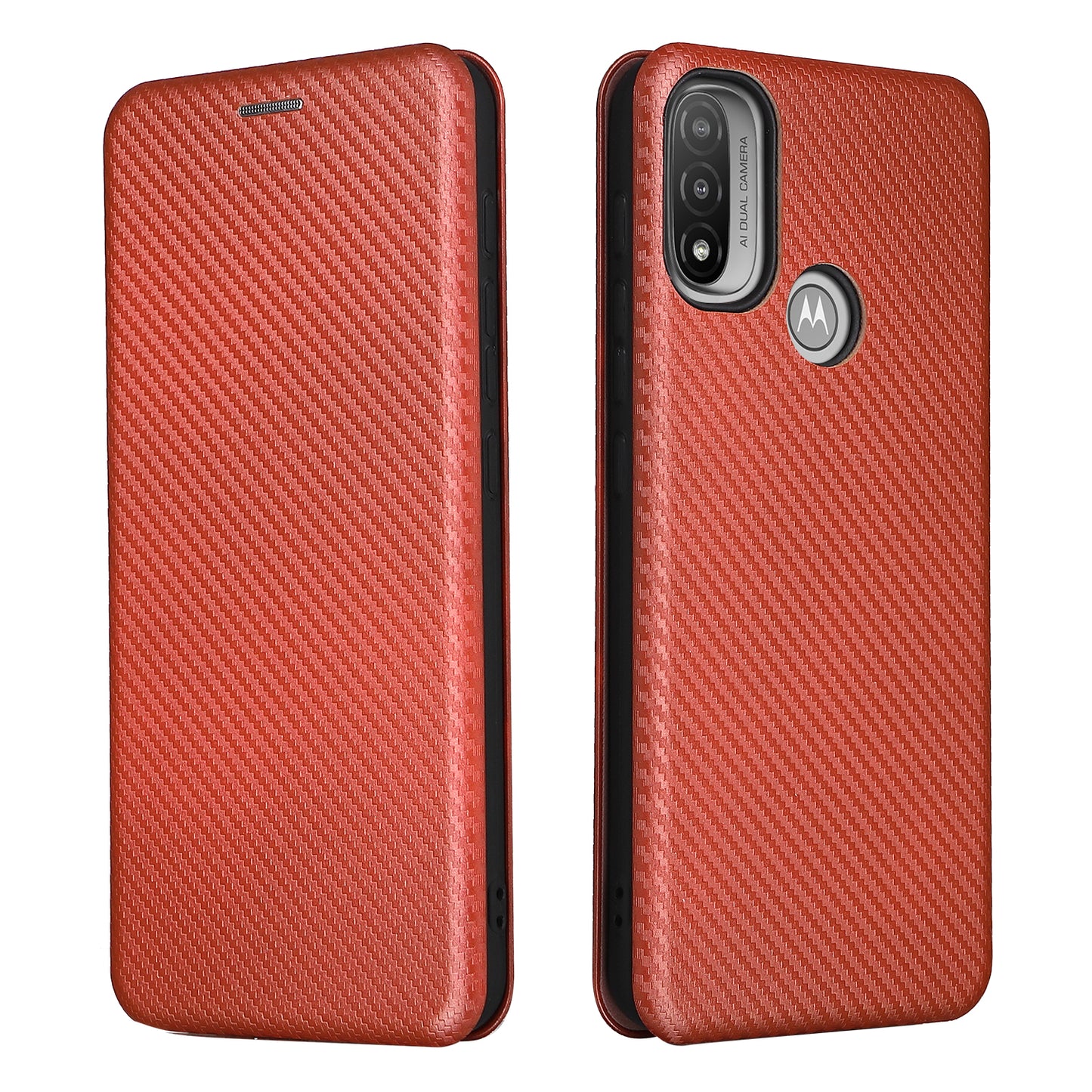 Carbon Fiber Texture PU Leather Card Holder Slot Stand Auto Closing Magnetic Case with Ring Strap for Motorola Moto E20