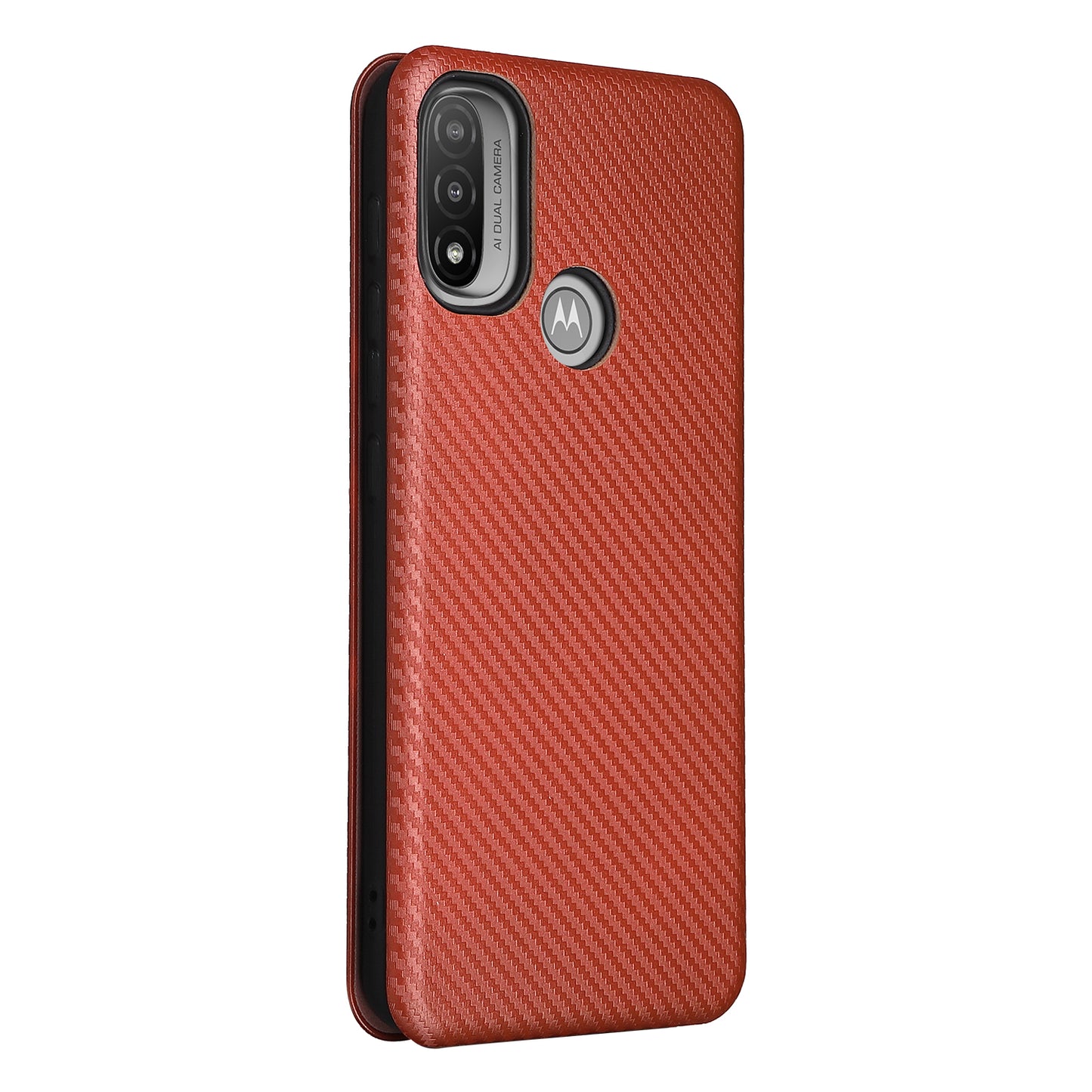 Carbon Fiber Texture PU Leather Card Holder Slot Stand Auto Closing Magnetic Case with Ring Strap for Motorola Moto E20