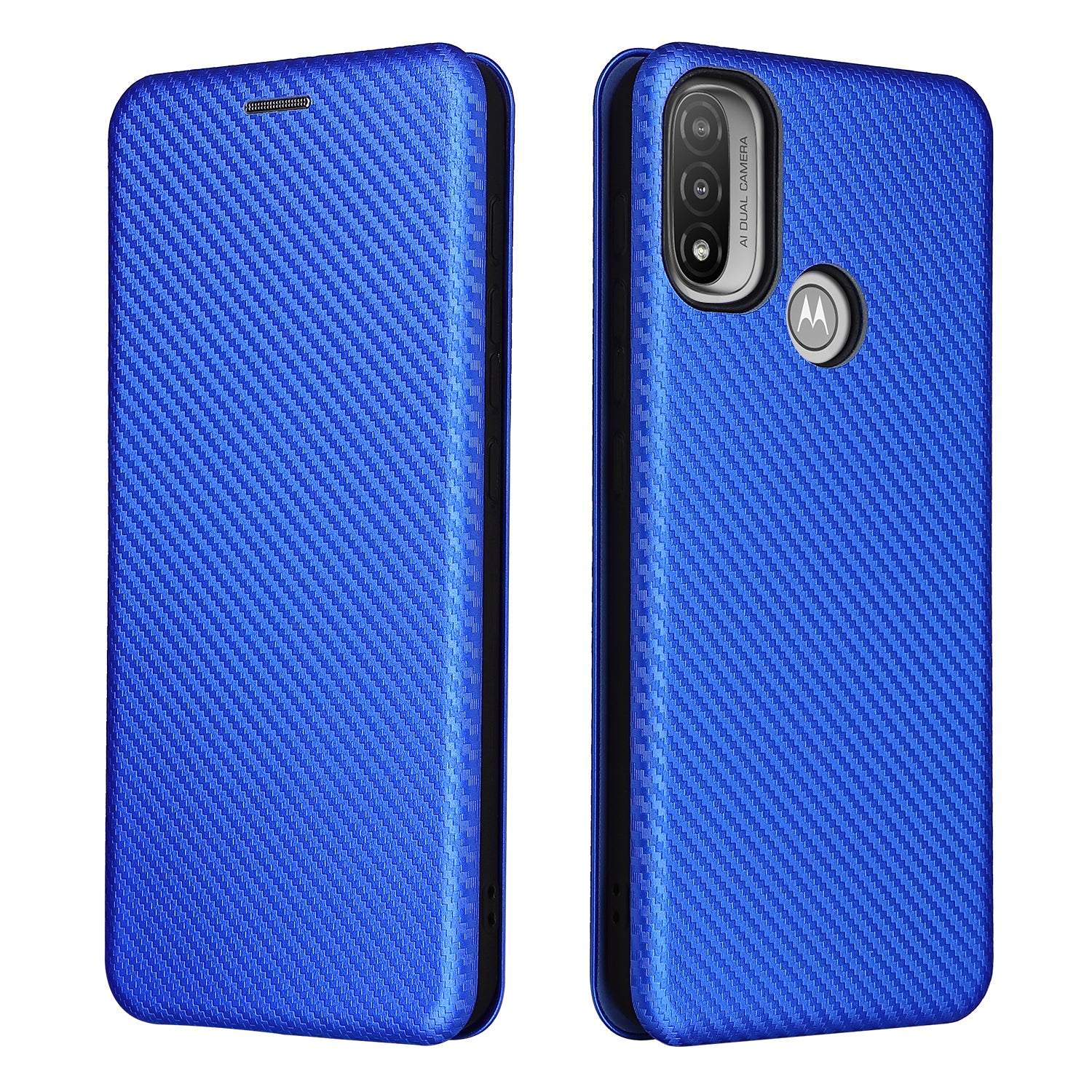 Carbon Fiber Texture PU Leather Card Holder Slot Stand Auto Closing Magnetic Case with Ring Strap for Motorola Moto E20