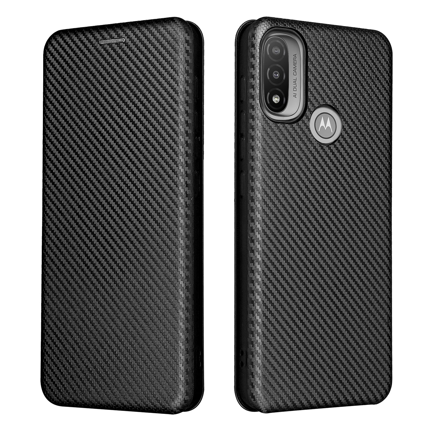 Carbon Fiber Texture PU Leather Card Holder Slot Stand Auto Closing Magnetic Case with Ring Strap for Motorola Moto E20