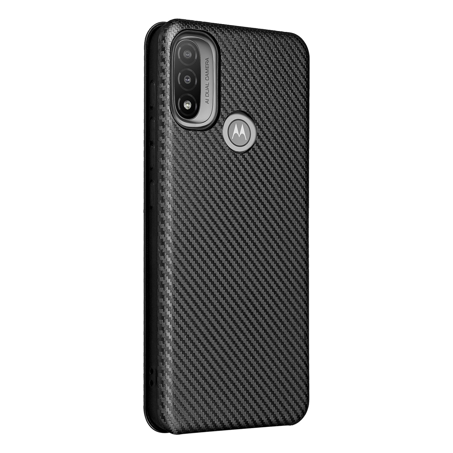 Carbon Fiber Texture PU Leather Card Holder Slot Stand Auto Closing Magnetic Case with Ring Strap for Motorola Moto E20