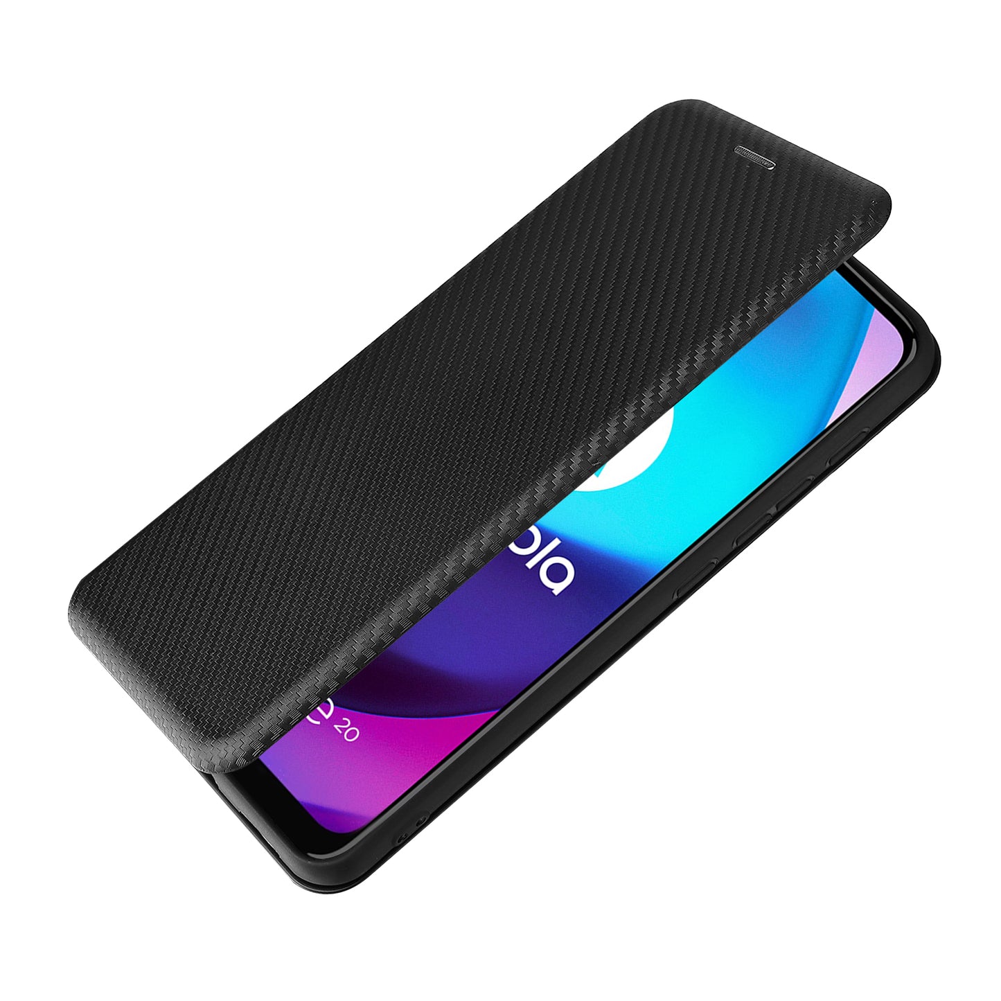 Carbon Fiber Texture PU Leather Card Holder Slot Stand Auto Closing Magnetic Case with Ring Strap for Motorola Moto E20