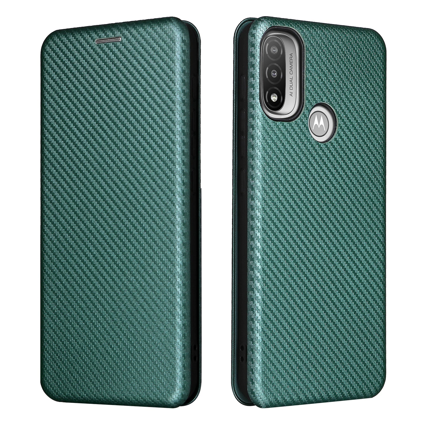 Carbon Fiber Texture PU Leather Card Holder Slot Stand Auto Closing Magnetic Case with Ring Strap for Motorola Moto E20