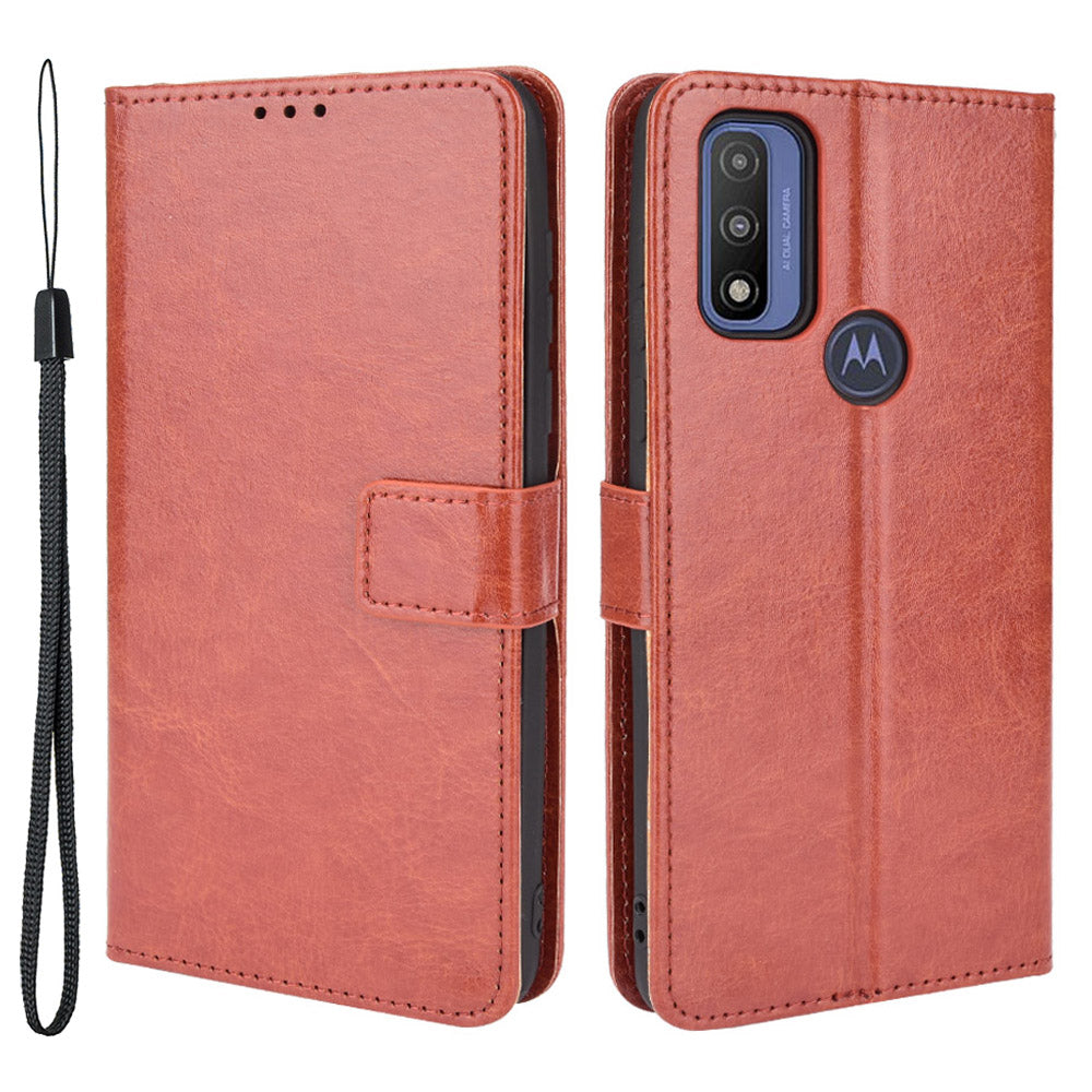 Stand Book Design Crazy Horse Texture PU Flip Folio Wallet Phone Case with Strap for Motorola G Pure