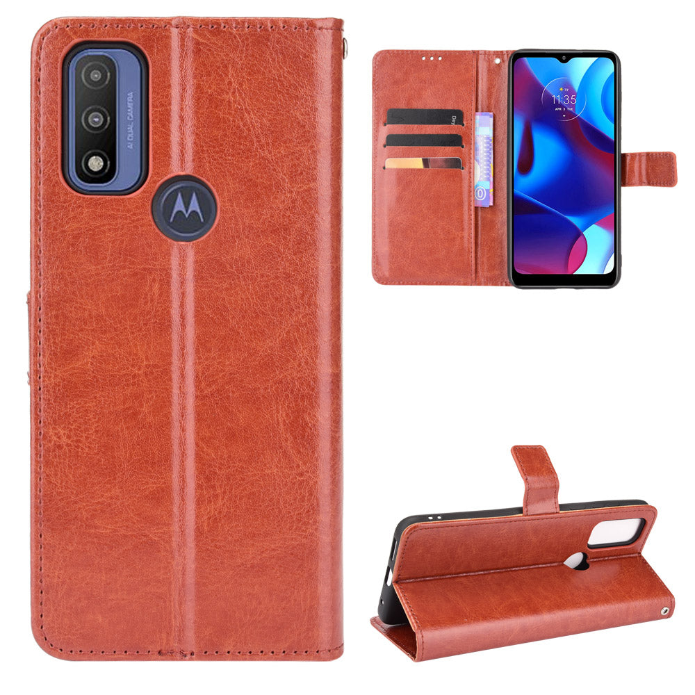 Stand Book Design Crazy Horse Texture PU Flip Folio Wallet Phone Case with Strap for Motorola G Pure