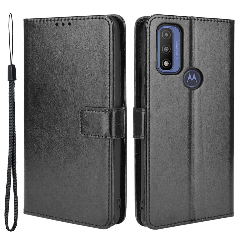 Stand Book Design Crazy Horse Texture PU Flip Folio Wallet Phone Case with Strap for Motorola G Pure